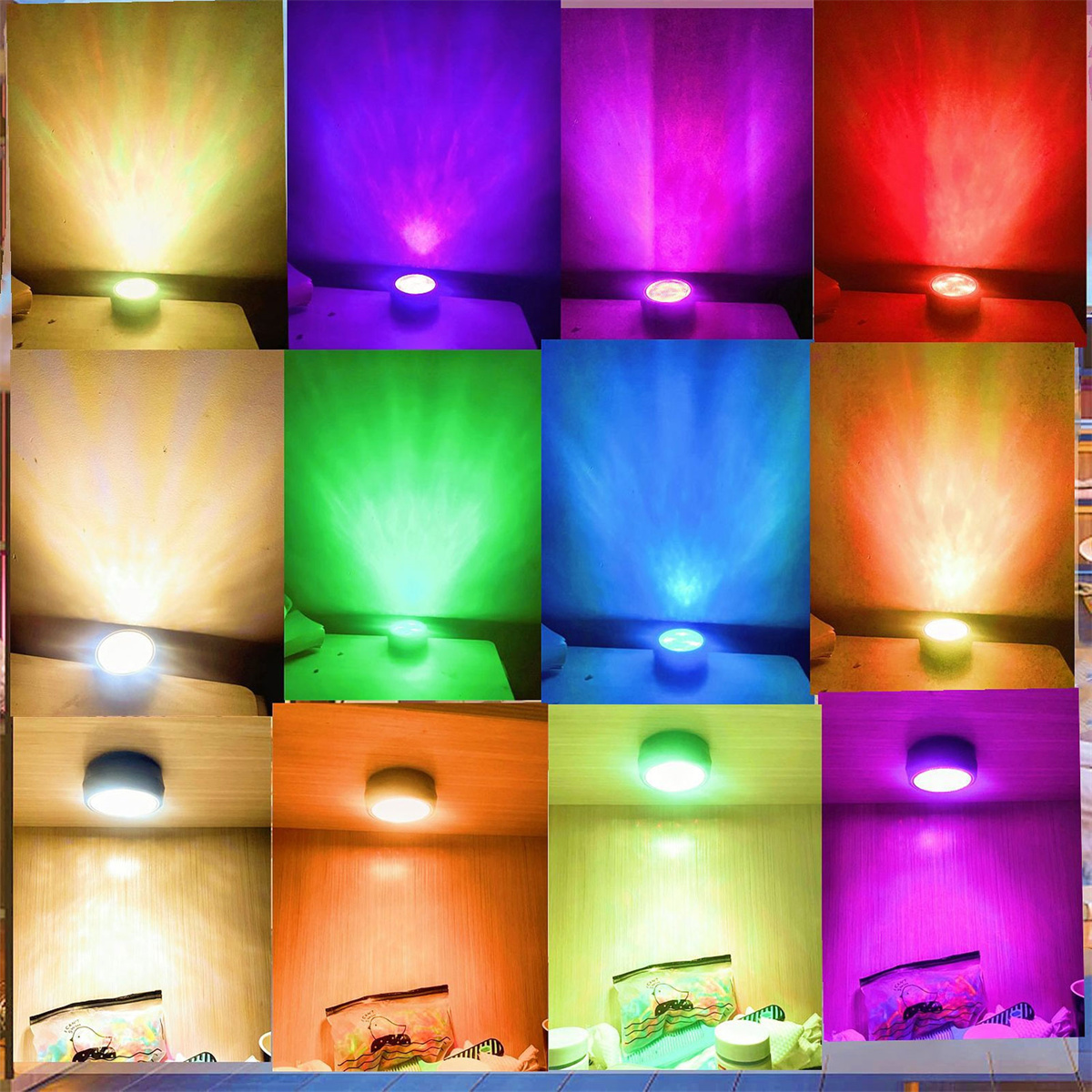 Mehrere Bilder einer kleinen Lampe, die verschiedene Farben ausstrahlt.