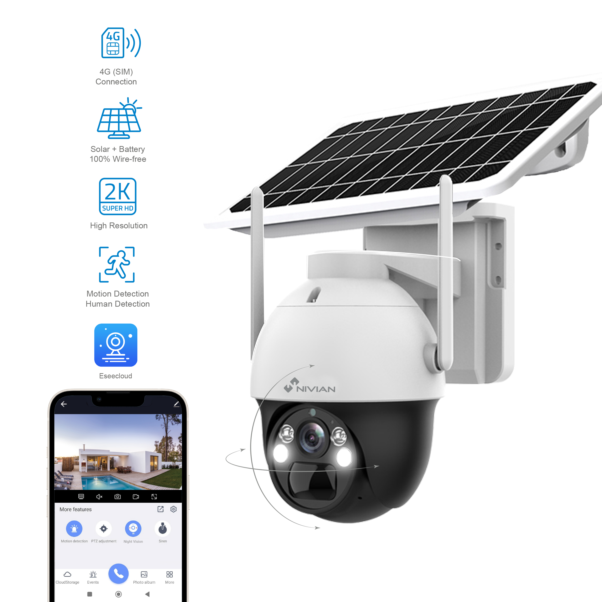 Una cámara de seguridad con un panel solar y un teléfono inteligente con interfaz de aplicación.