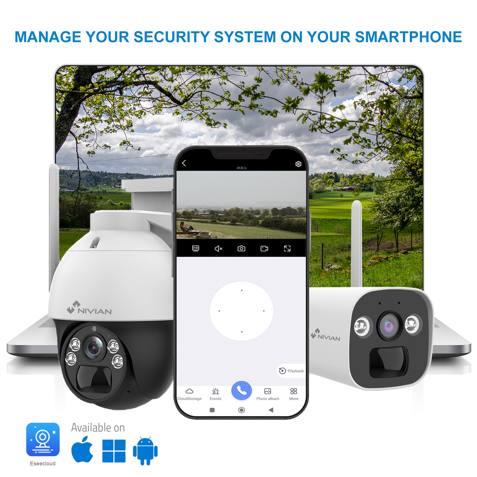 Configuración del sistema de seguridad con cámaras, un teléfono inteligente y un portátil.