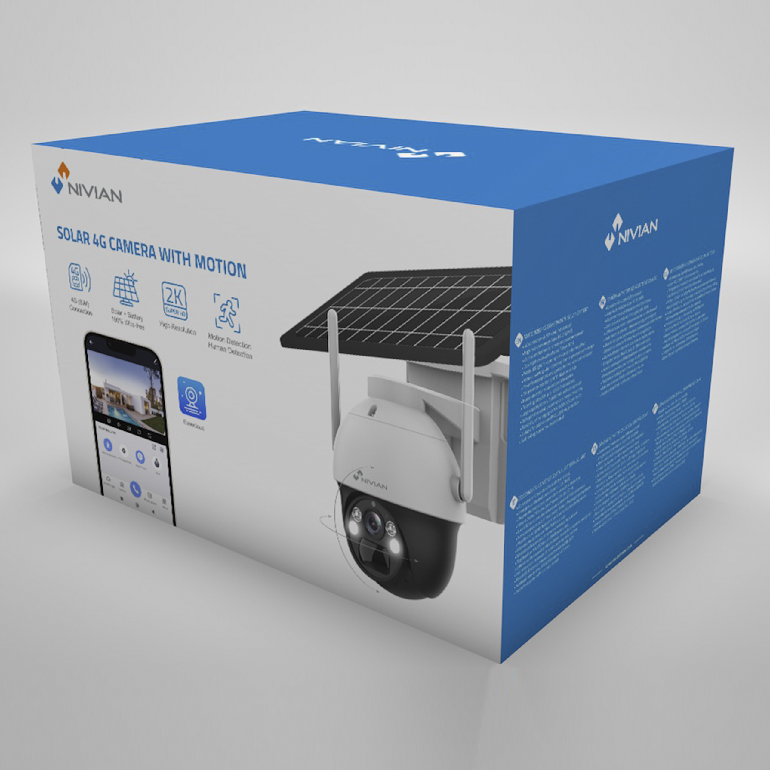 Una caja con el logotipo de NIVIAN. Tiene una imagen de cámara solar 4G en el frente, con características clave.