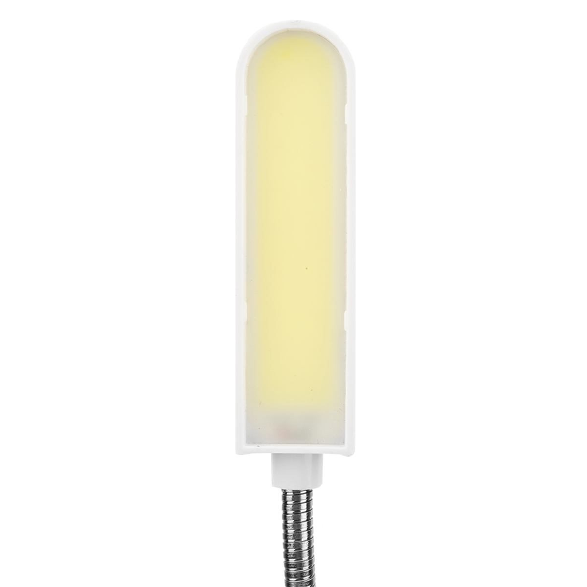 Weißes Licht. Ein langes, rechteckiges weißes Licht mit flexiblem, metallischem Hals. Der Hintergrund ist weiß.