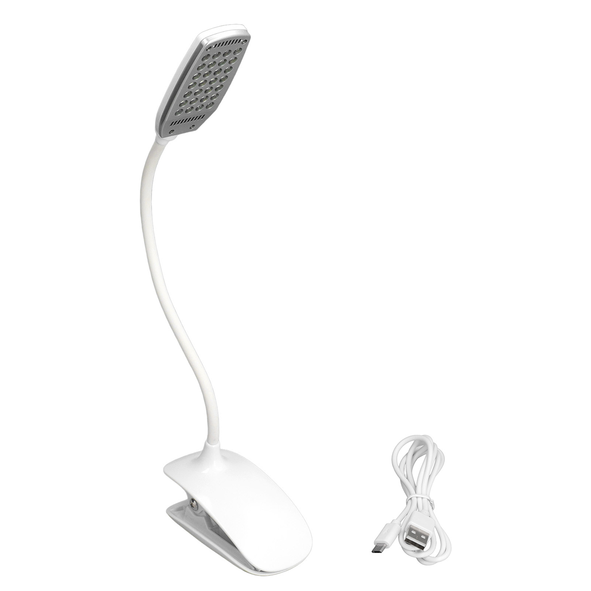 Weiße Schreibtischlampe mit flexiblem Hals und Clipfuß, mit USB-Kabel.