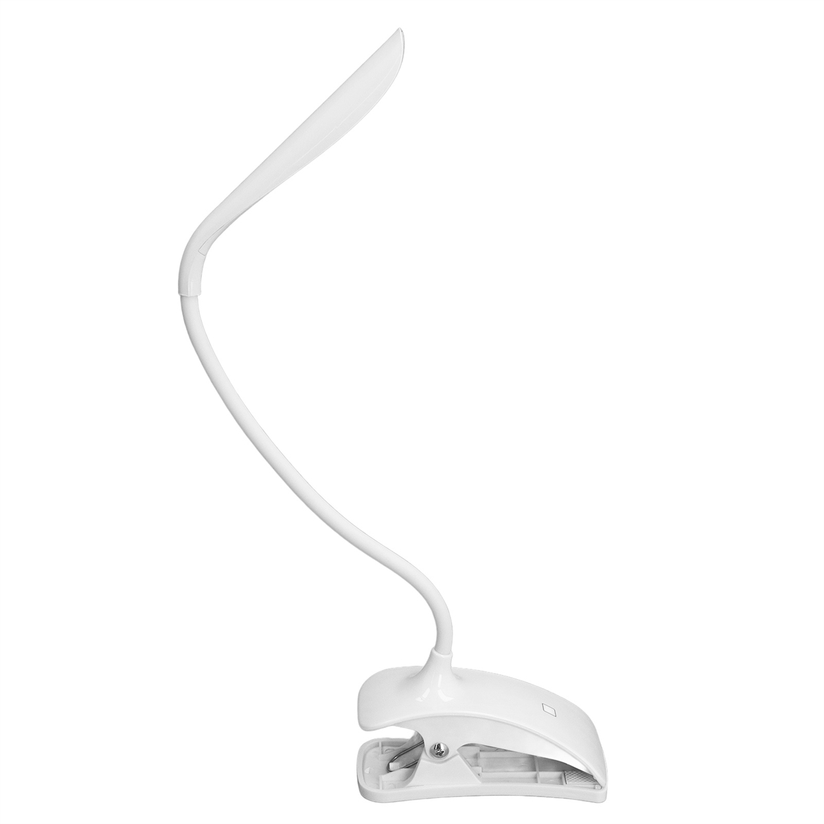 Weiße Schreibtischlampe mit flexiblem Hals und Clipfu ß. Die Lampe steht vor weißem Hintergrund.