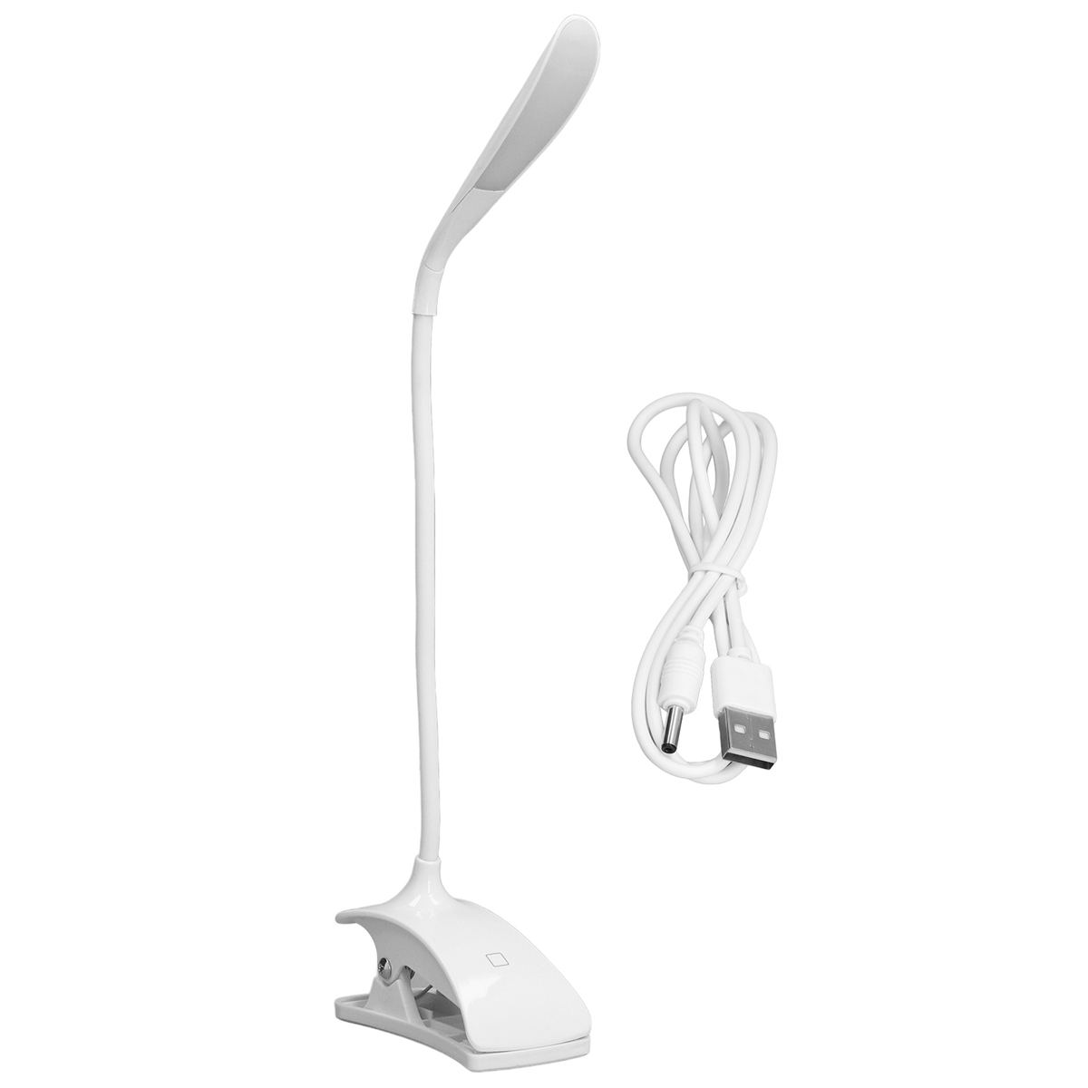 Weiße Schreibtischlampe mit flexiblem Hals und USB-Kabel. Die Lampe befindet sich auf weißem Hintergrund.