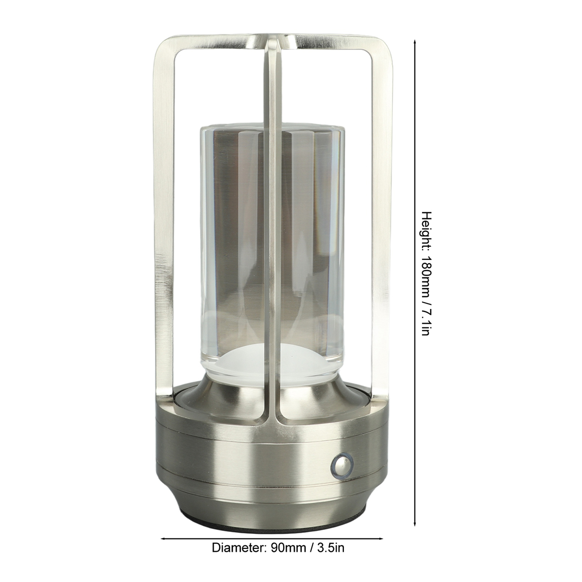 Eine silberne Lampe mit einem Glaszylinder in der Mitte und einem Einschaltknopf am Sockel.