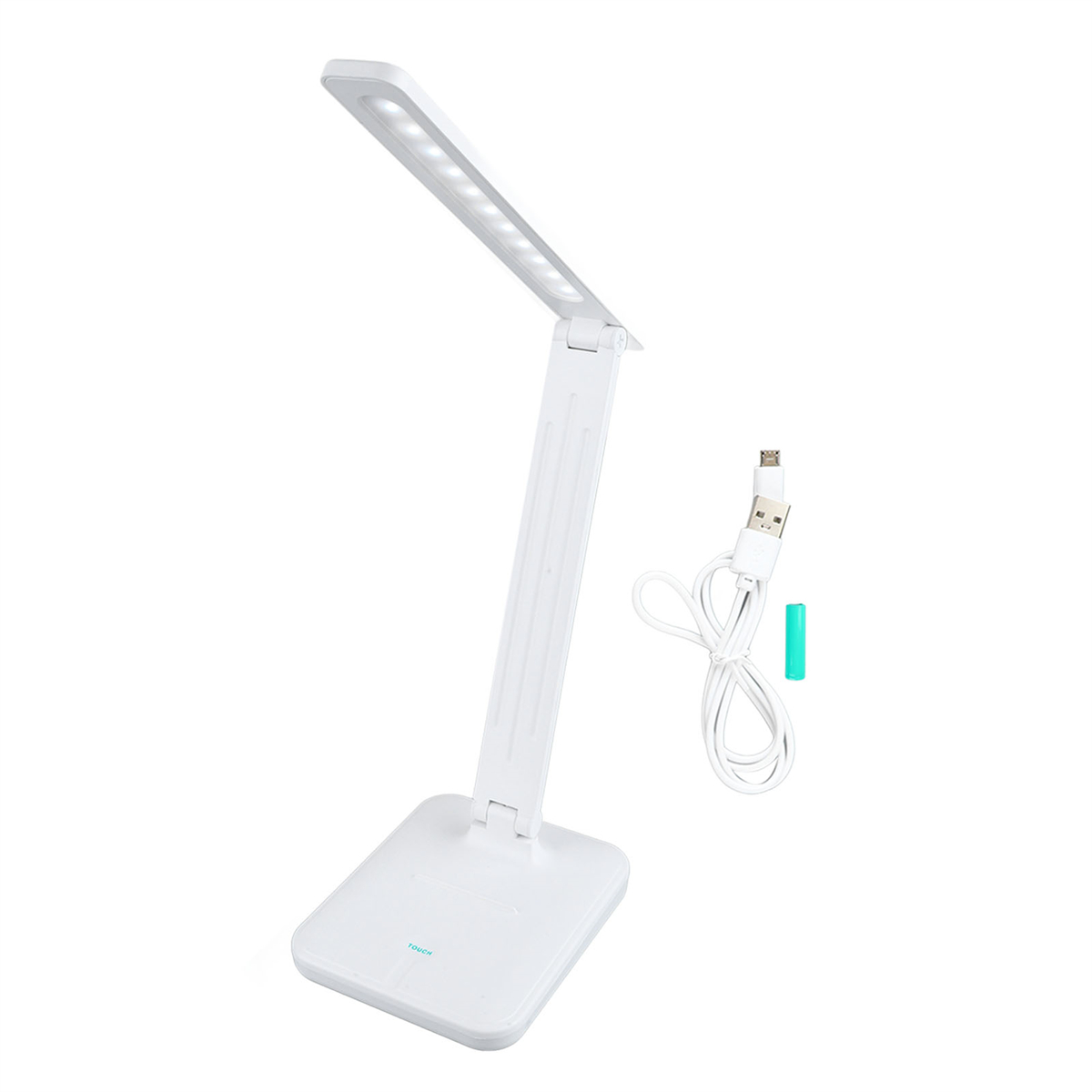 Weiße Schreibtischlampe mit LED-Lichtern, einem USB-Kabel und einer grünen Batterie.