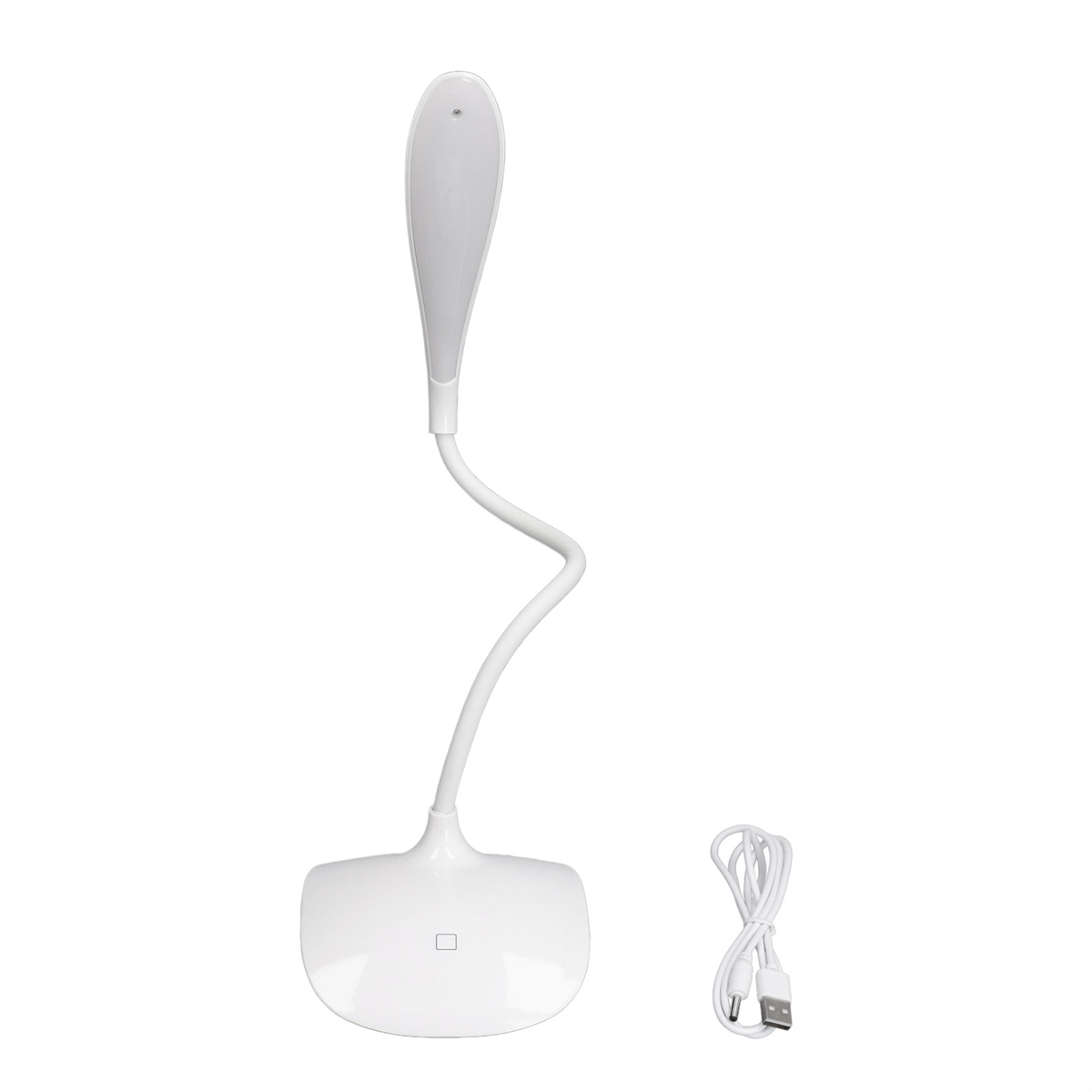 Weiße Schreibtischlampe mit flexiblem Hals. Ein USB-Kabel ist angeschlossen.