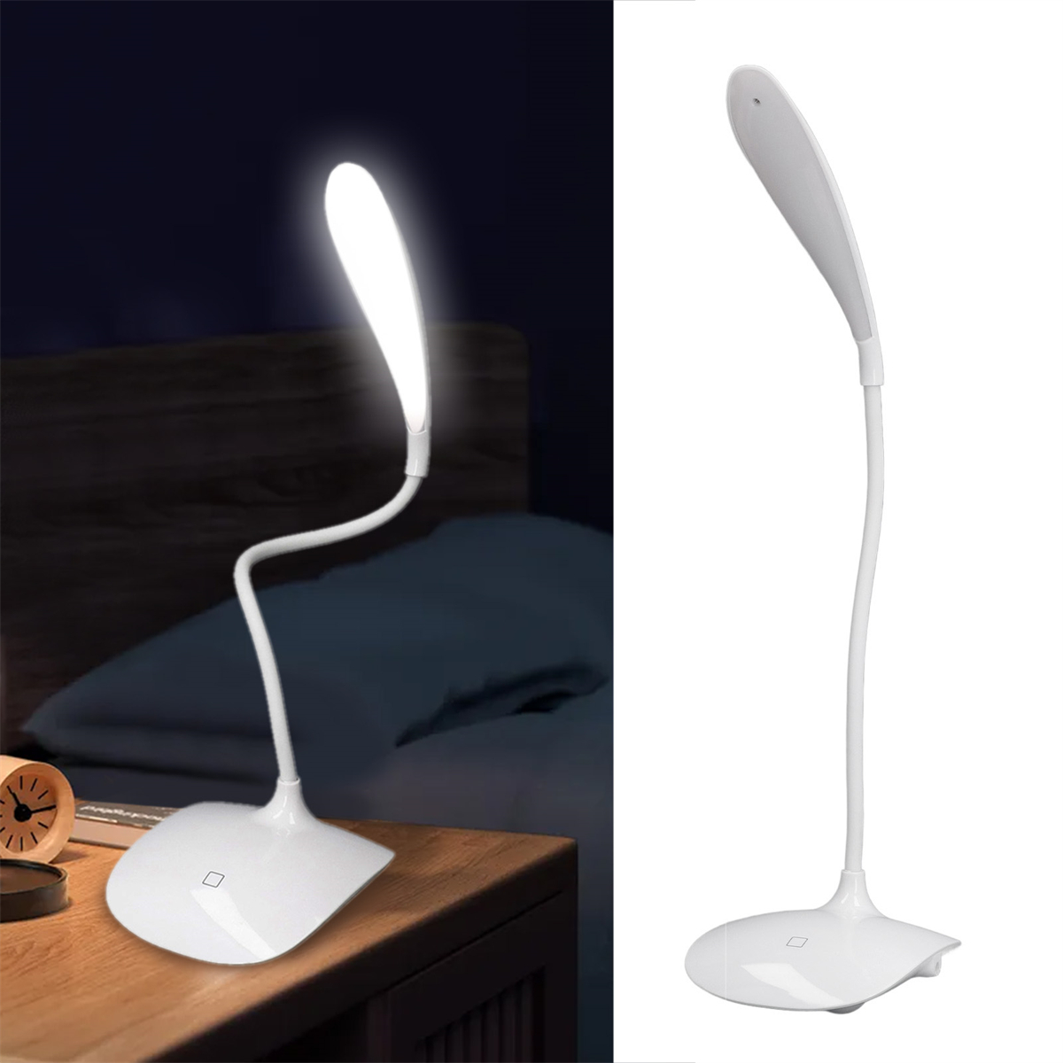 Zwei Bilder einer weißen Schreibtischlampe. Eines zeigt sie beleuchtet, das andere ist eine Seitenansicht.
