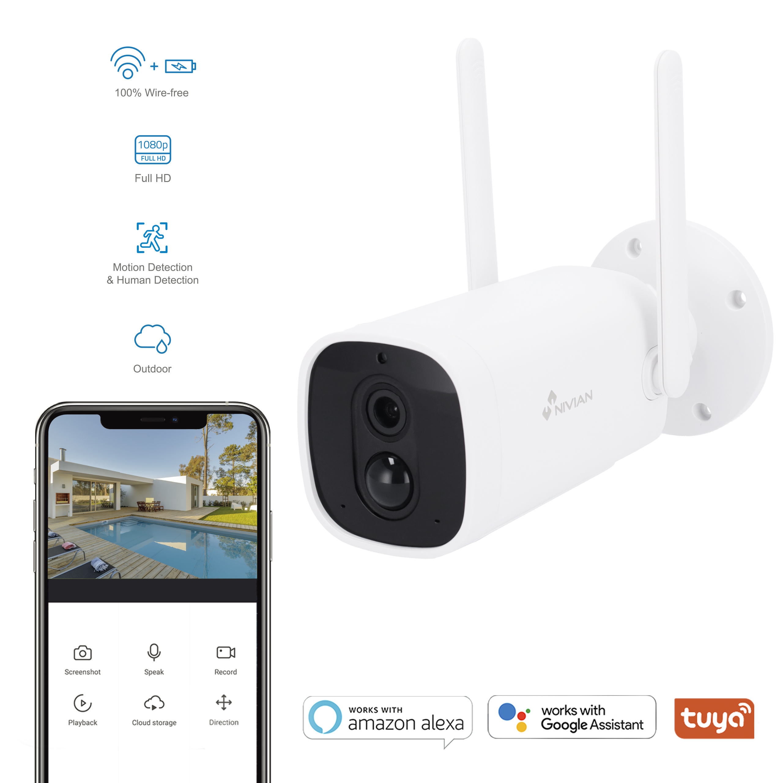 Telecamera di sicurezza bianca con due antenne. Il telefono mostra la scena di casa e le funzioni della fotocamera.