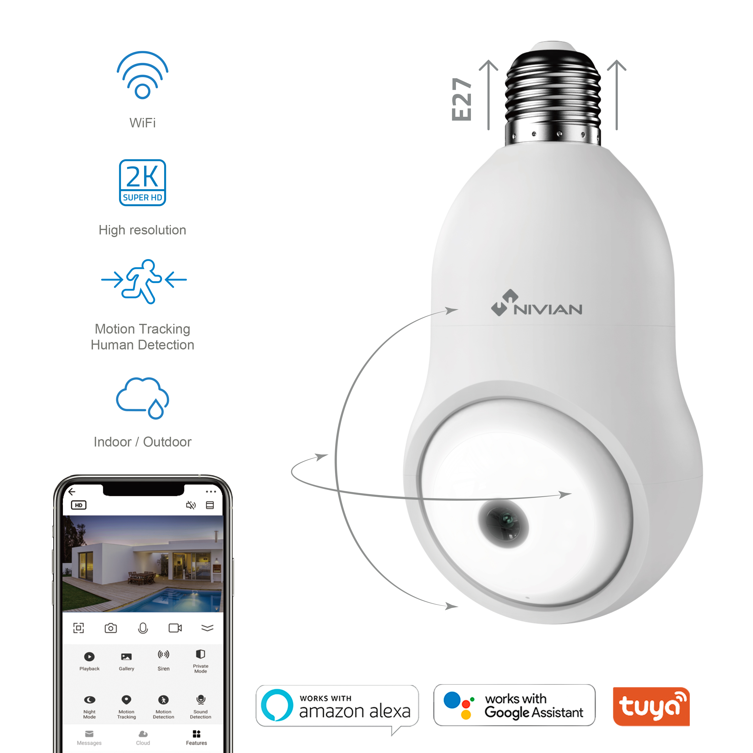 Una bombilla inteligente blanca con cámara, rodeada de iconos, pantalla de aplicación, funciona con Alexa y Google.
