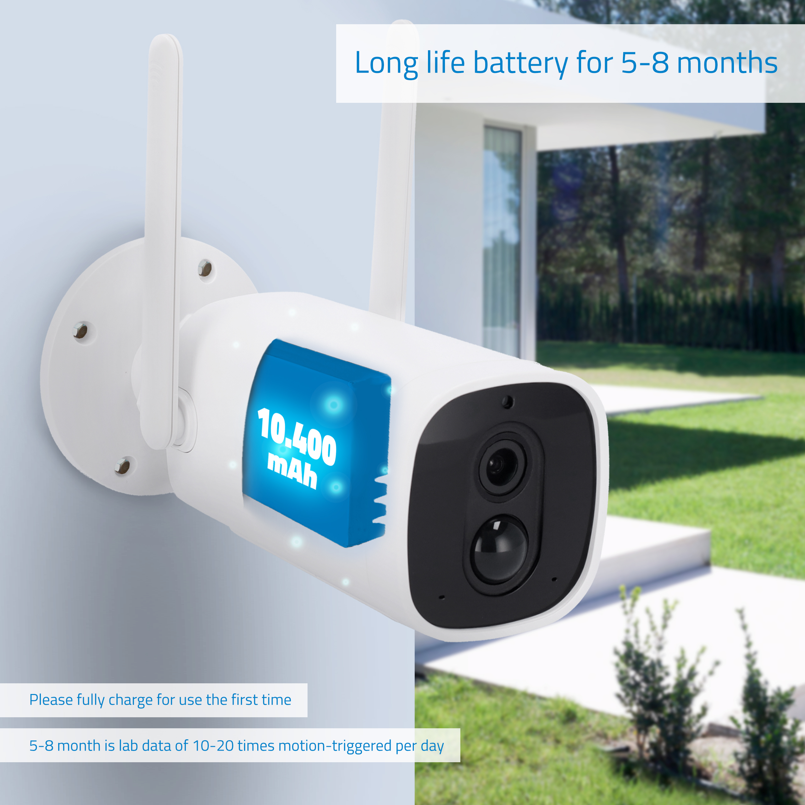 Telecamera di sicurezza bianca con antenne. Schermo blu con info batteria. Erba verde e alberi sullo sfondo.