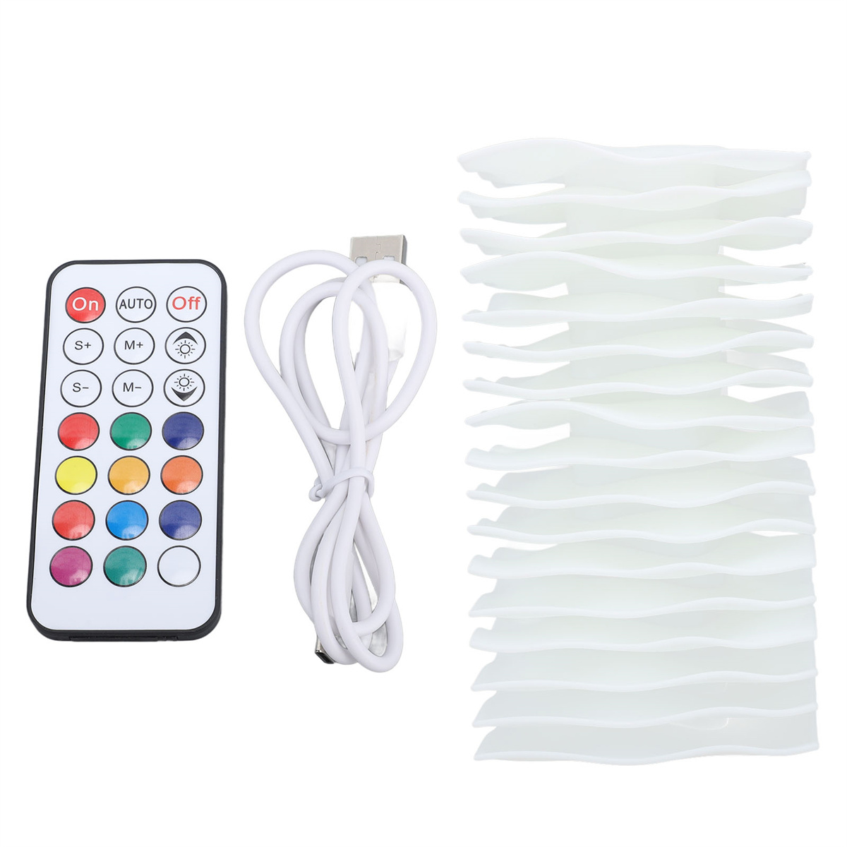 Fernbedienung, USB-Kabel und ein wellenförmiges weißes Licht.