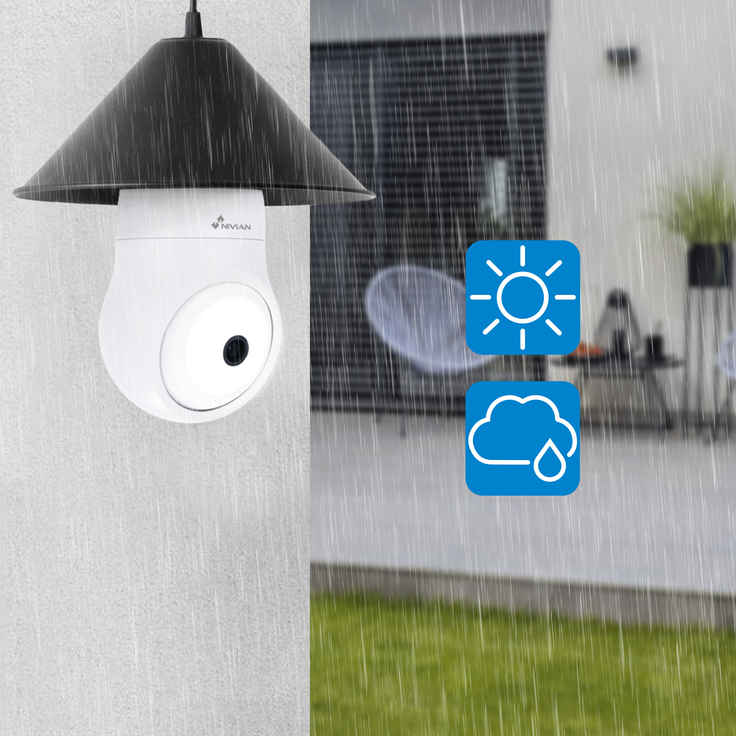 Una cámara de vigilancia blanca bajo una lámpara negra, con efecto de lluvia. Iconos de sol y lluvia a la derecha.