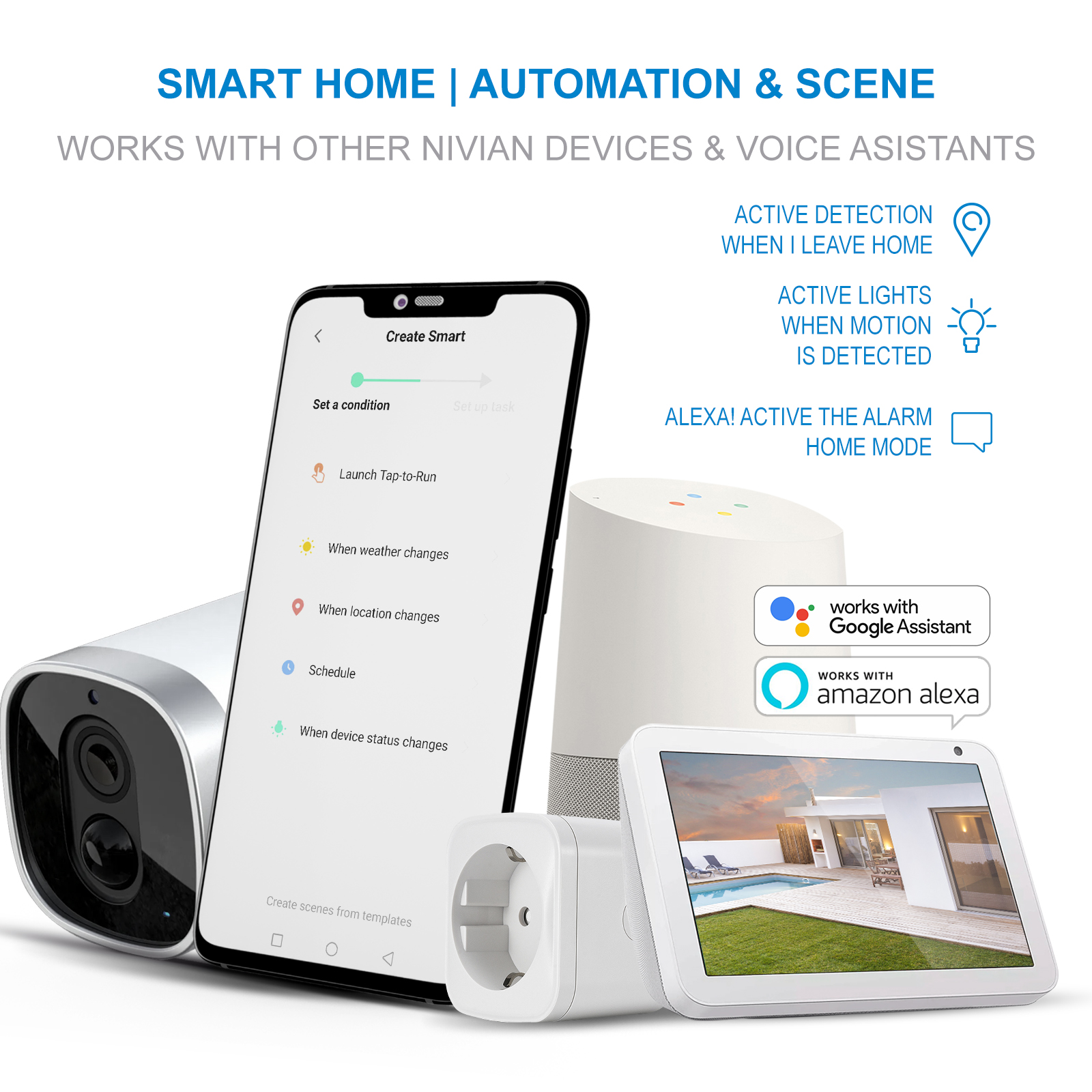 Una configurazione di casa intelligente con un telefono che mostra i controlli dell'app. Include una telecamera di sicurezza, un altoparlante intelligente e una spina.