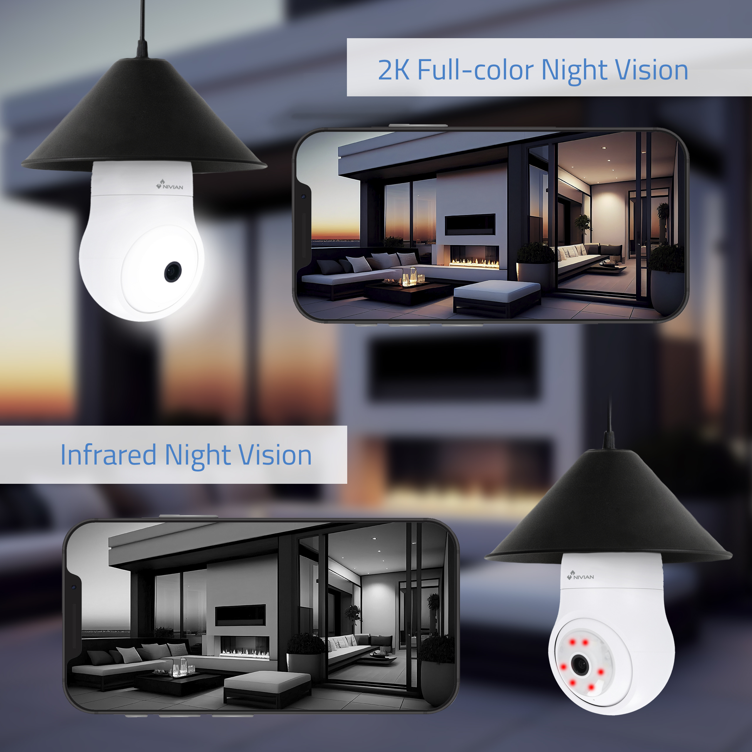 Una cámara de seguridad con forma de lámpara. Muestra vistas interiores y exteriores de una casa con visión nocturna.