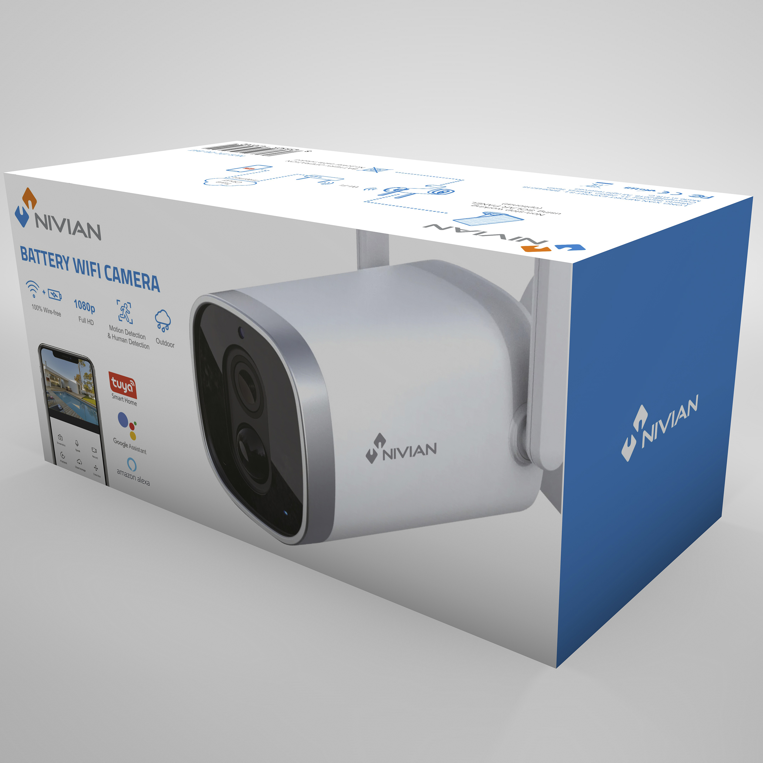 Telecamera wifi a batteria in una scatola. La scatola mostra la fotocamera e le sue funzioni.