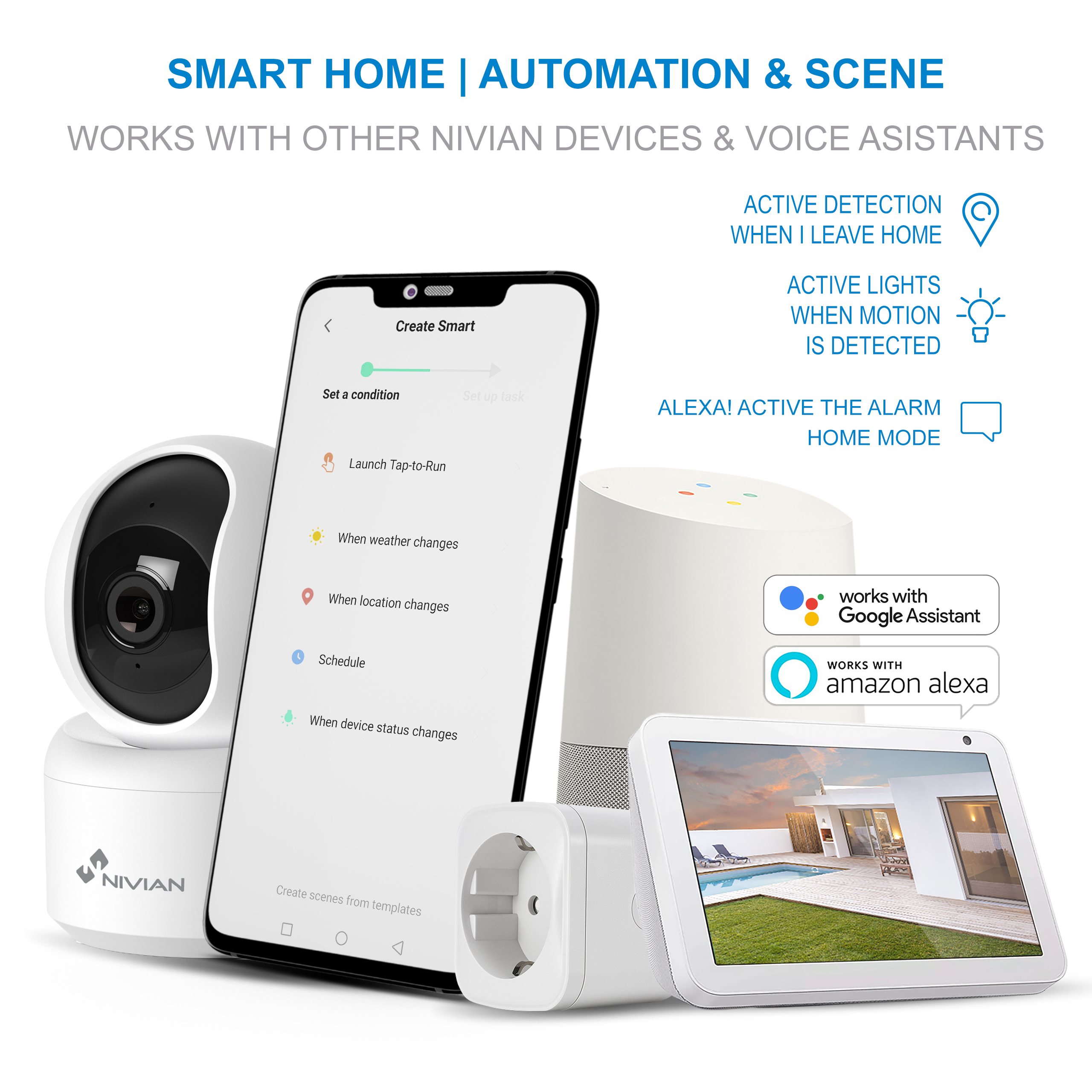 Configuración de hogar inteligente con dispositivos, teléfono, altavoz inteligente y pantalla.