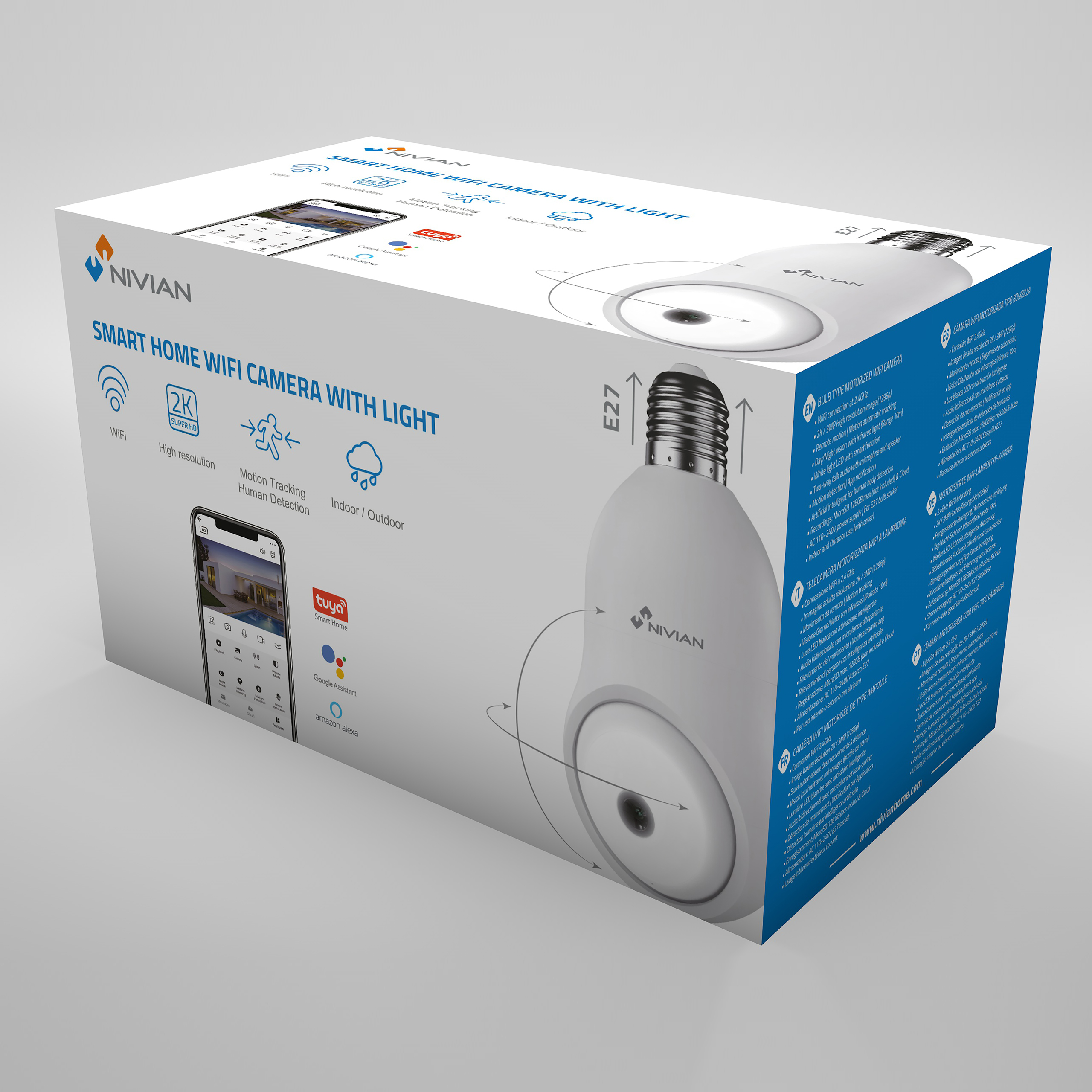 Una caja de cámara WiFi para el hogar inteligente con luz, varios iconos en ella.