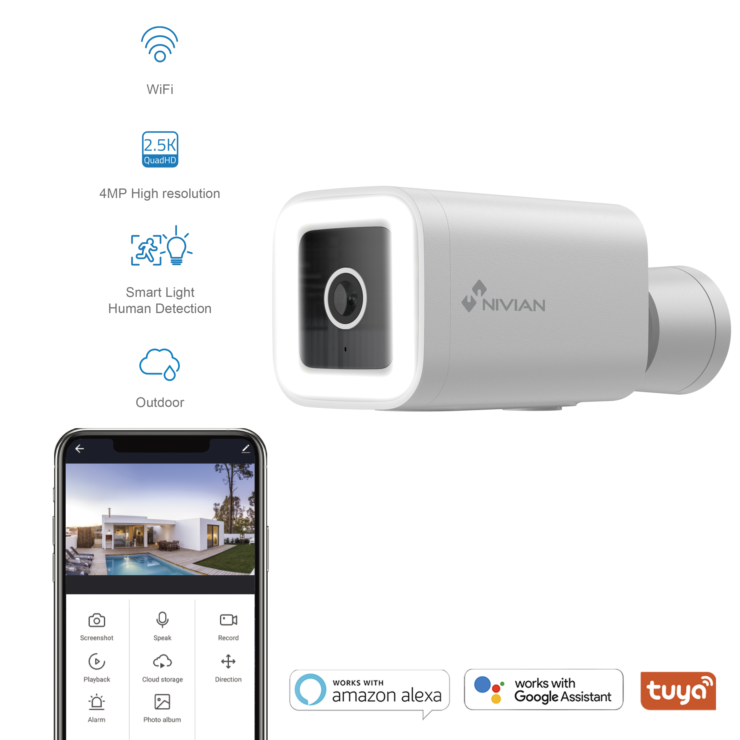 Cámara de seguridad blanca con un smartphone que muestra los controles de la app.