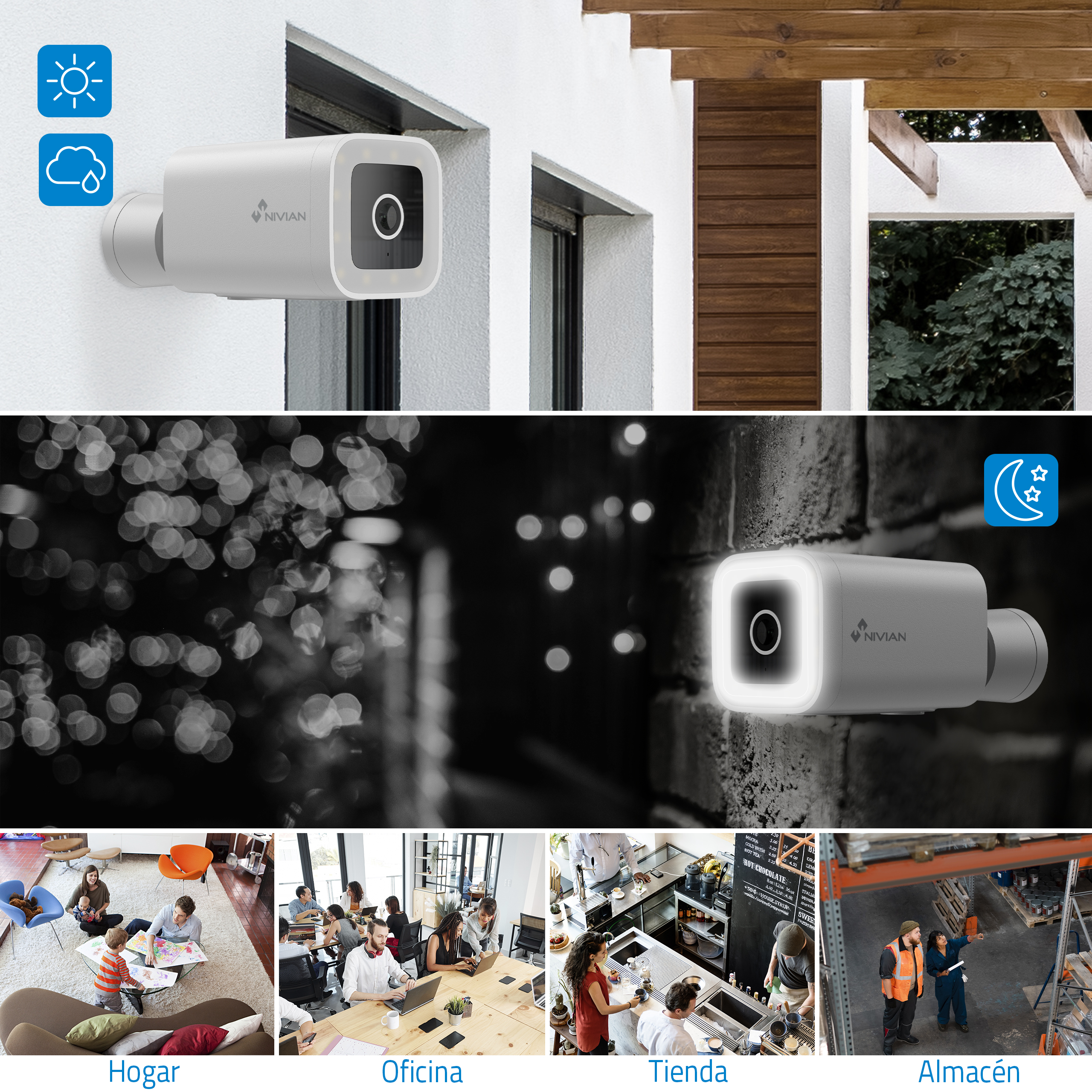 Múltiples imágenes: Cámara de seguridad exterior, iconos del tiempo, escenas de hogar, oficina, tienda y almacén.