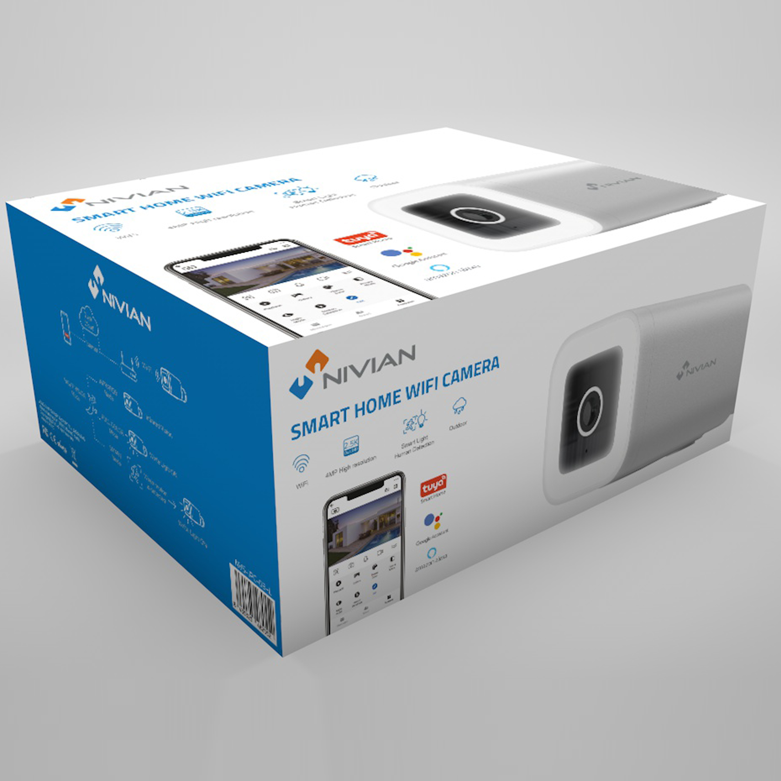 Una caja blanca y azul de una cámara WiFi para el hogar inteligente, con una pantalla de teléfono inteligente.