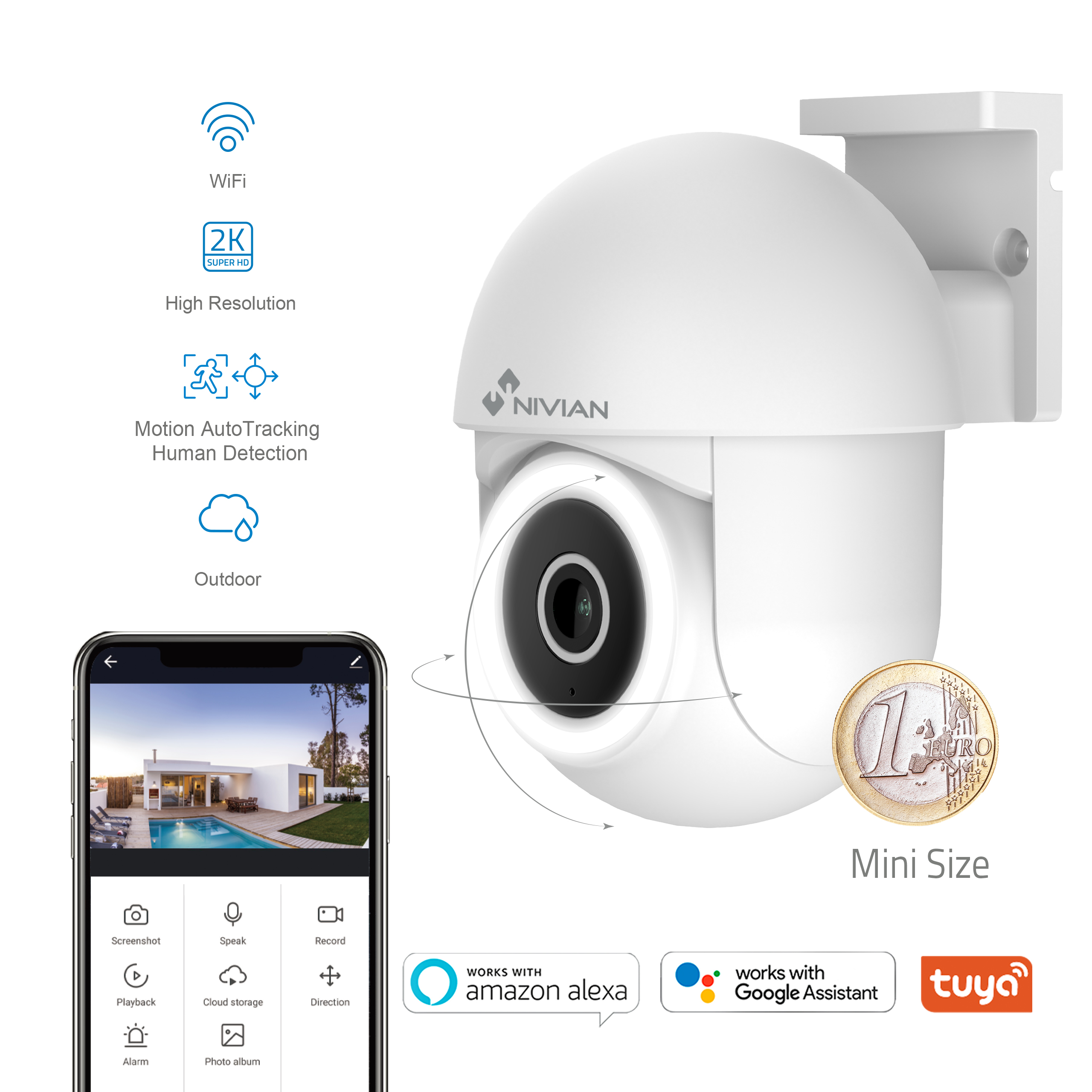Cámara de seguridad blanca en forma de cúpula con un smartphone y una moneda de euro.