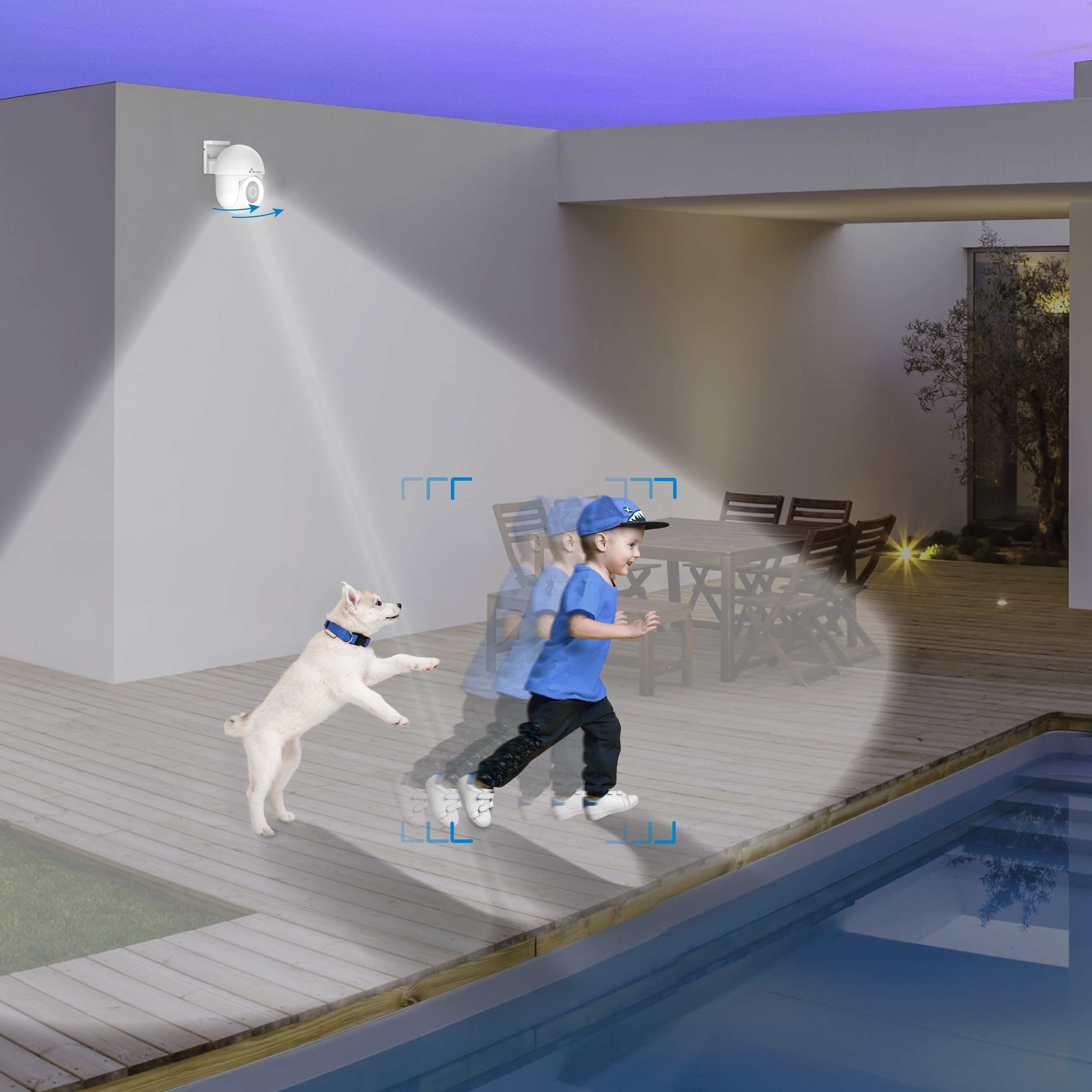 Una cámara en la pared monitoreando un patio con un niño y un perro.