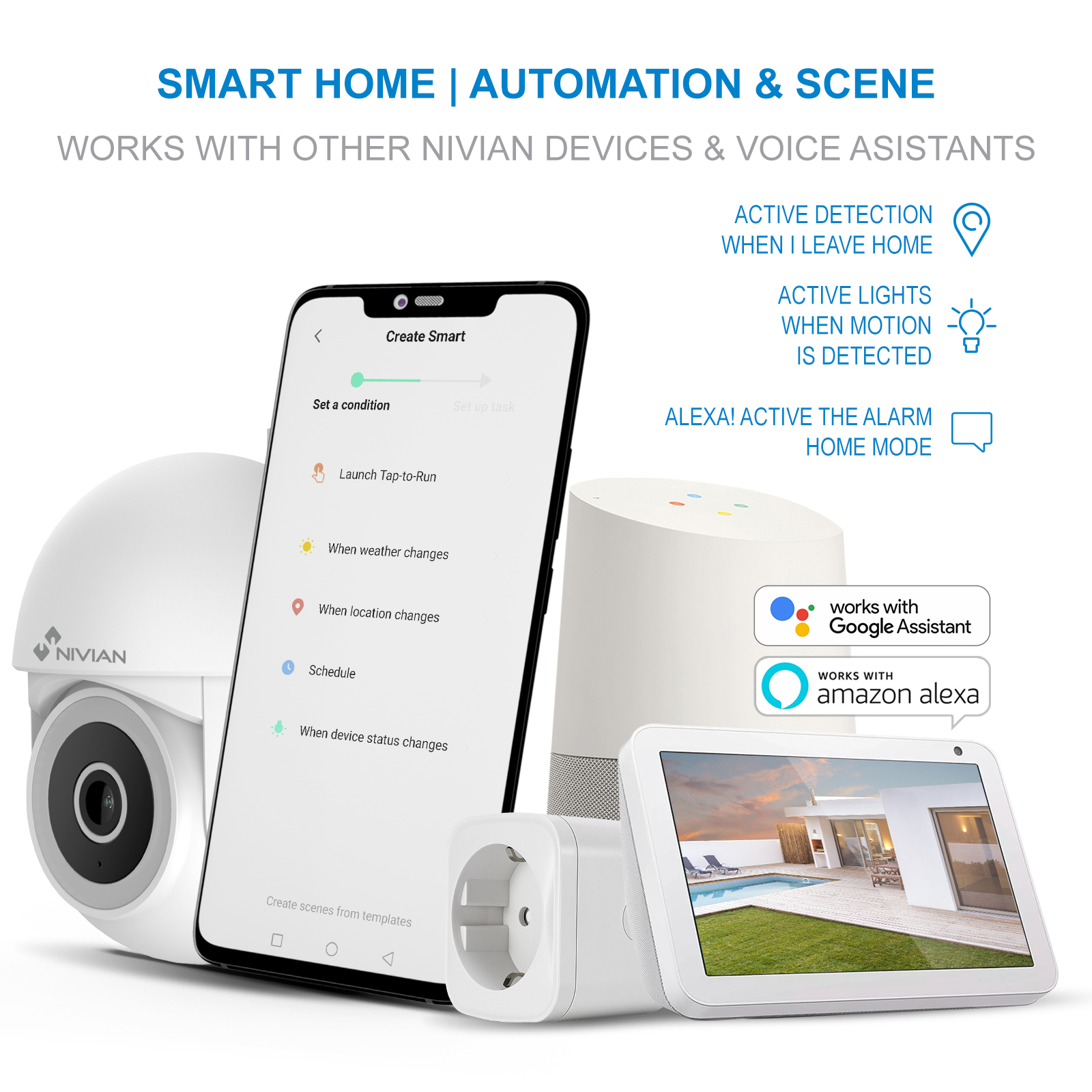 Dispositivos para el hogar inteligente, incluyendo una cámara de seguridad, un altavoz inteligente y un enchufe inteligente.