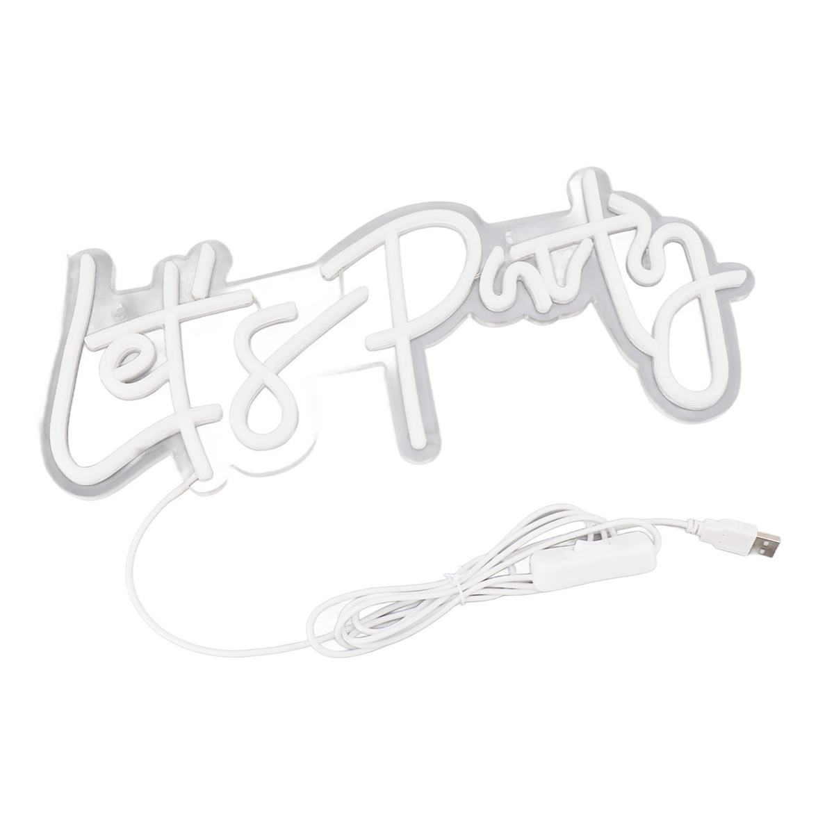 Ein weißes Neon-Schild mit der Aufschrift 'Let's Party' mit einem weißen USB-Kabel und einem Schalter.