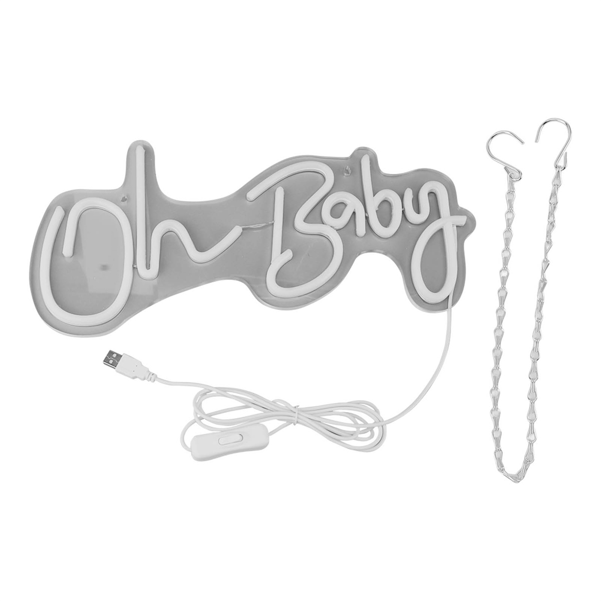 Ein graues 'Oh Baby' Neon-Schild mit weißem Kabel und Kette zum Aufhängen.