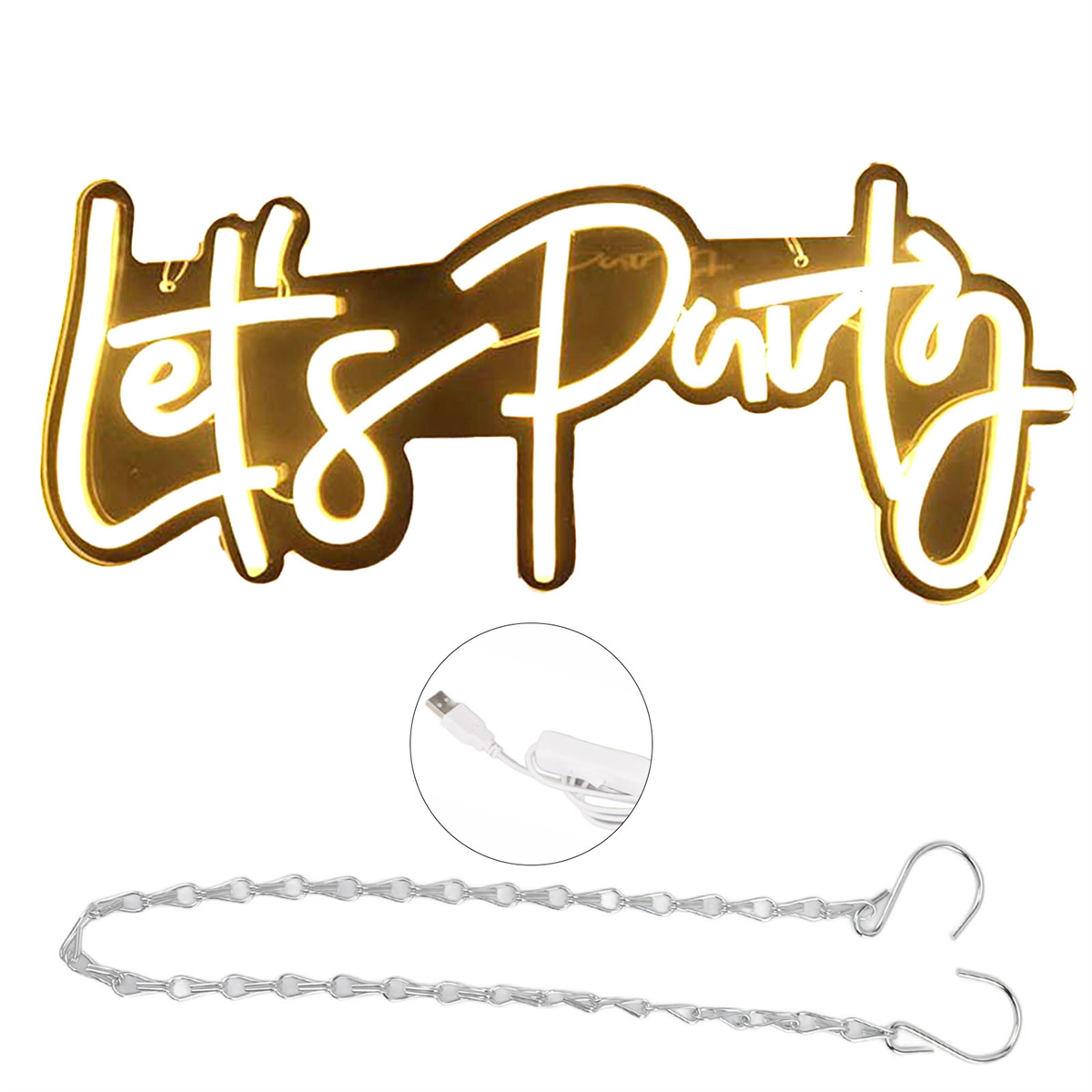 Ein goldfarbenes Neon-Schild mit der Aufschrift „Let's Party“ mit Kette zum Aufhängen und USB-Kabel.