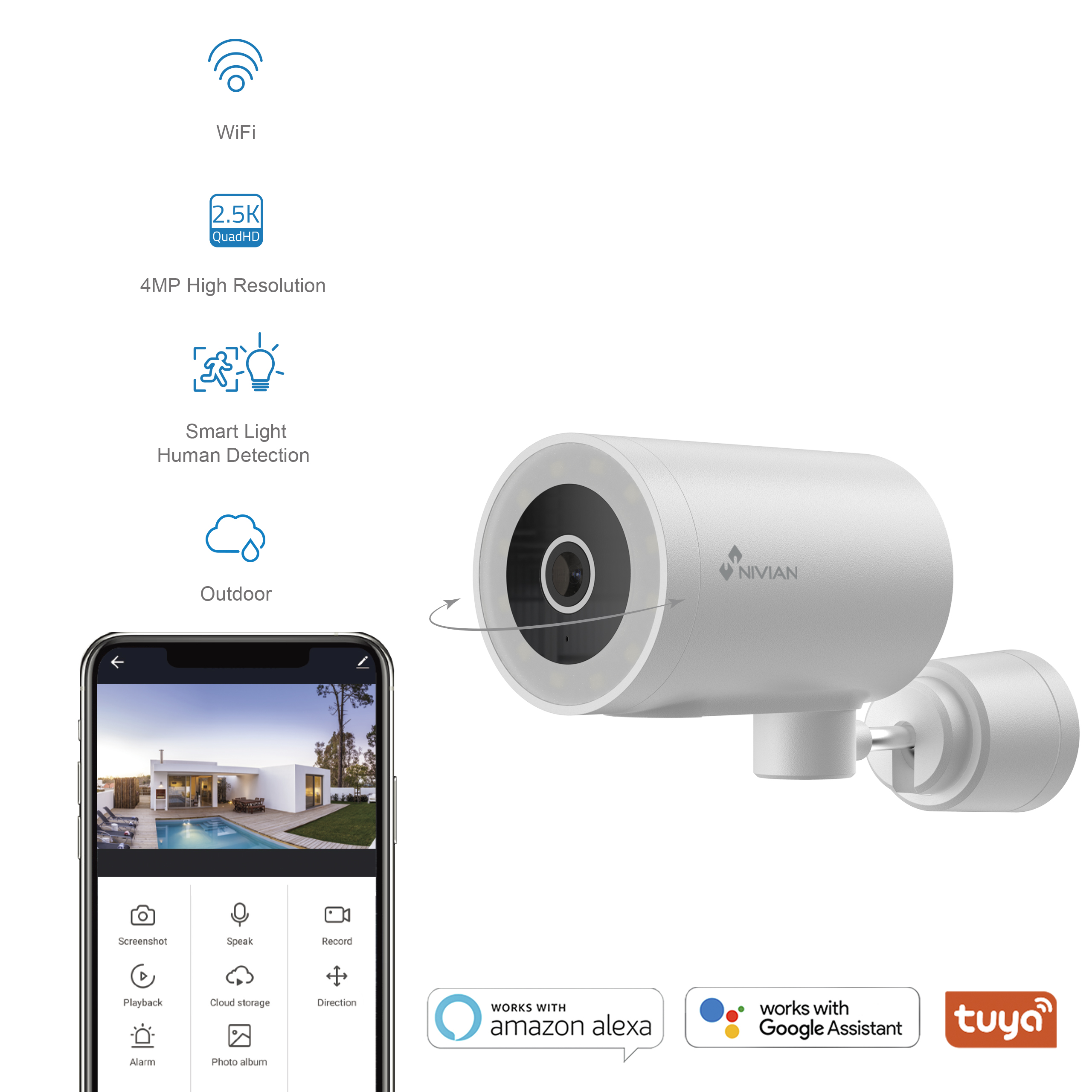 Cámara de seguridad Nivian blanca con lente negra. Cuenta con una pantalla de teléfono que muestra una vista de la casa.