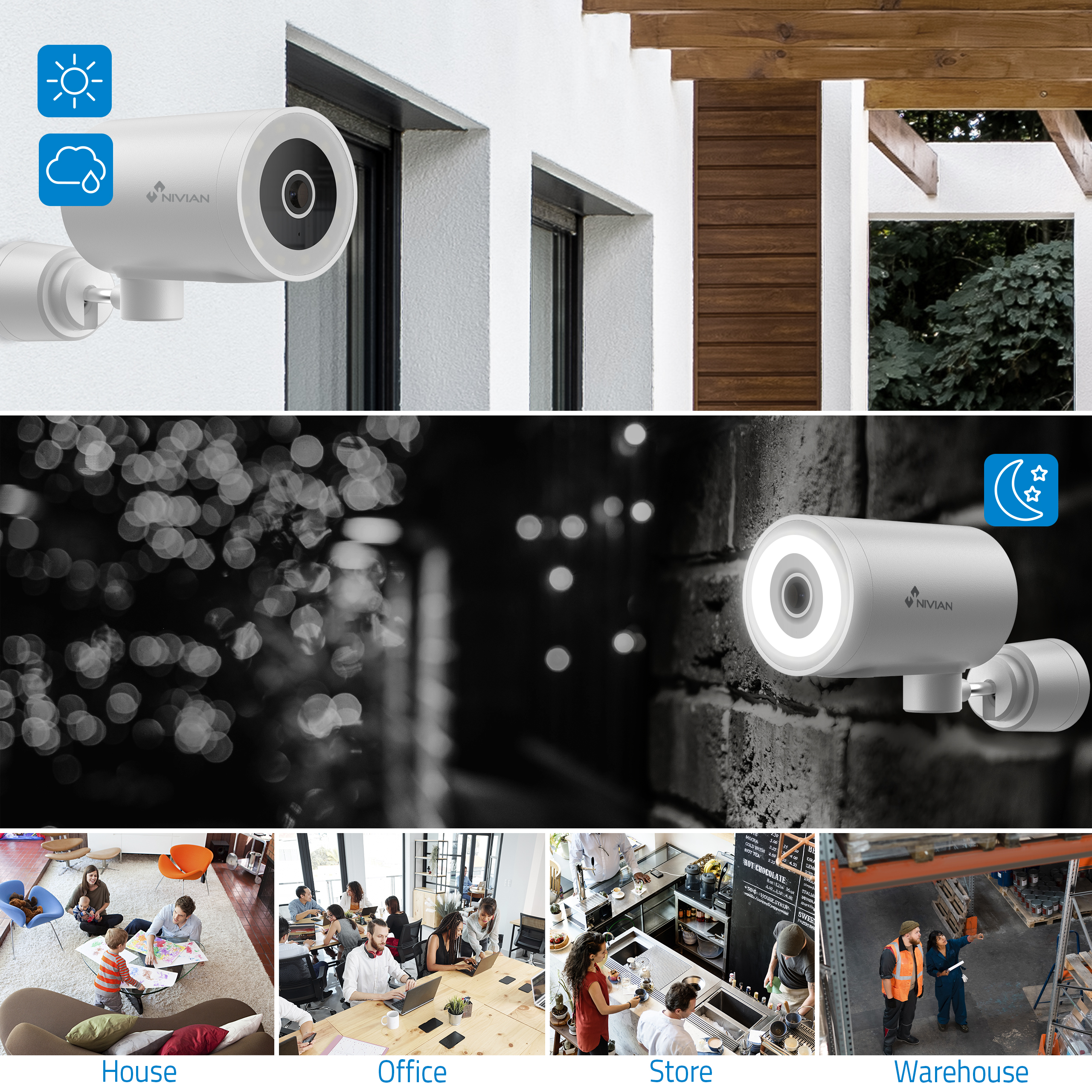 Cámaras de seguridad, día y noche, con múltiples escenas: casa, oficina, tienda y almacén.