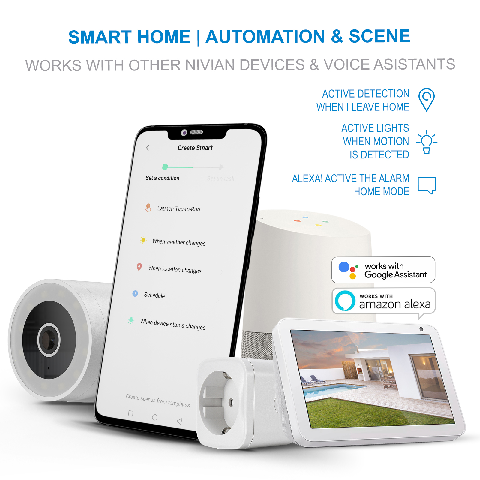 Configuración de hogar inteligente con smartphone, altavoz inteligente, pantalla inteligente, cámara y enchufe inteligente.