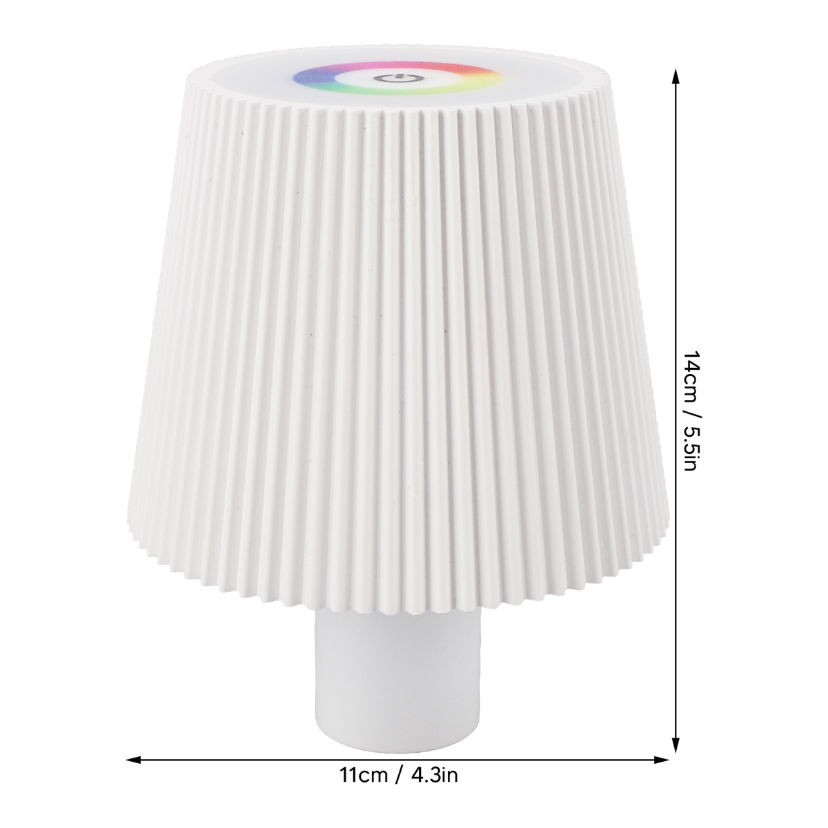 Weiße Nachttischlampe mit konischem Schirm und zylindrischem Sockel. Abmessungen sind beschriftet.