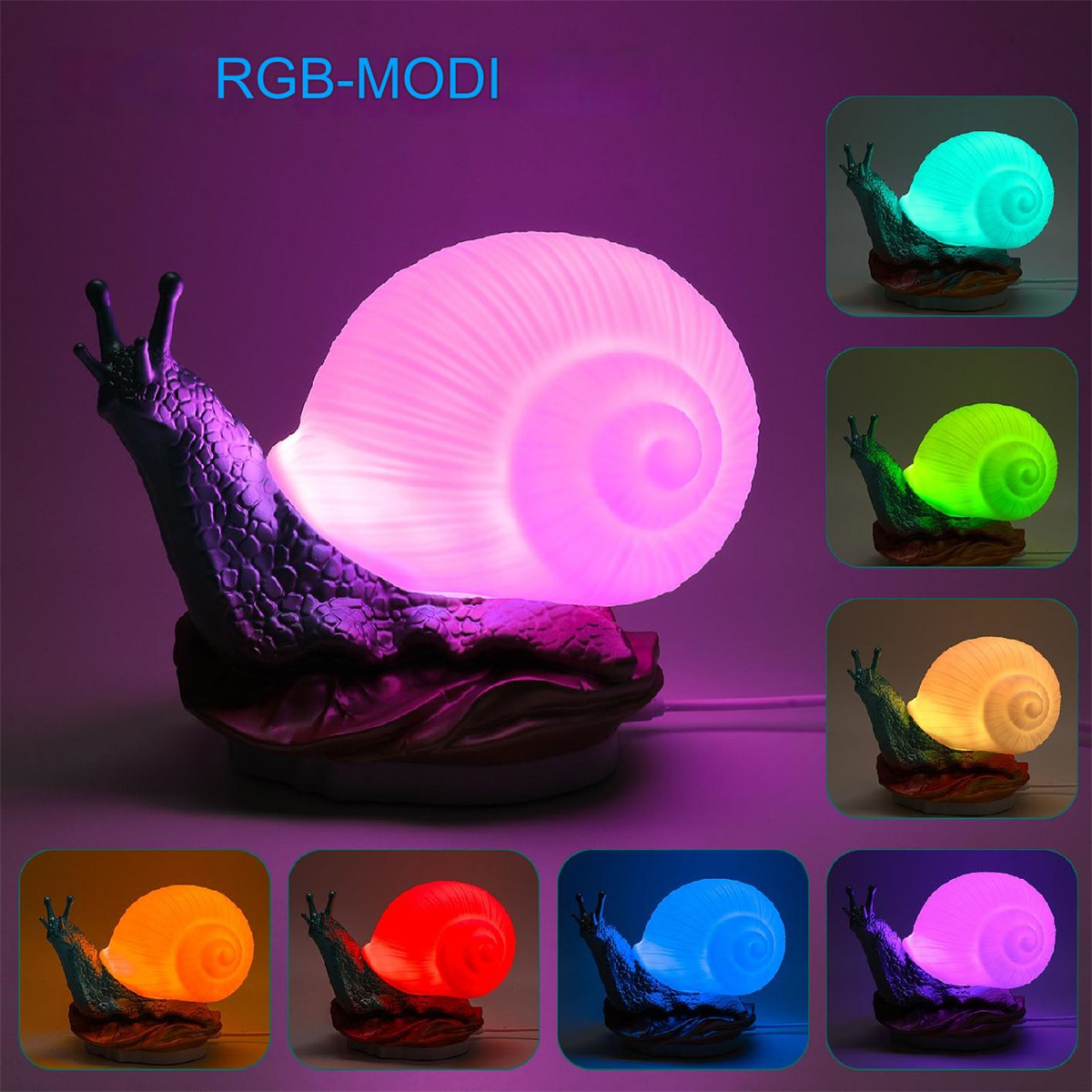 Eine schneckenförmige Lampe in verschiedenen Farben: rosa, grün, orange, rot, blau und lila.