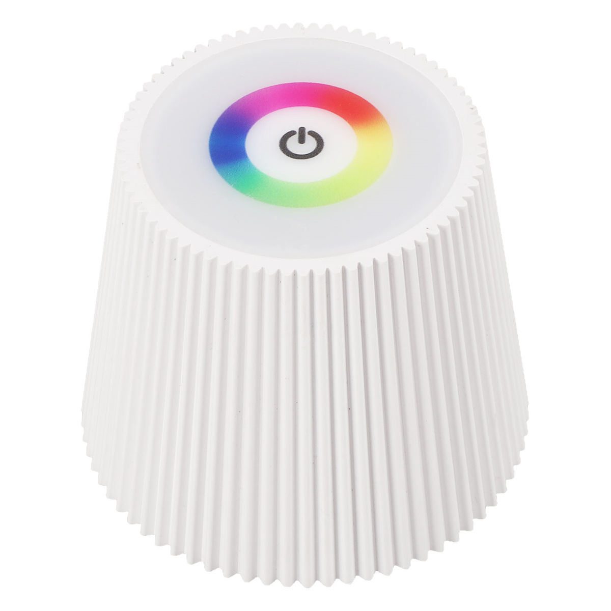 Weiße Lampe mit farbigem Lichtring und einem Ein-/Aus-Symbol oben.