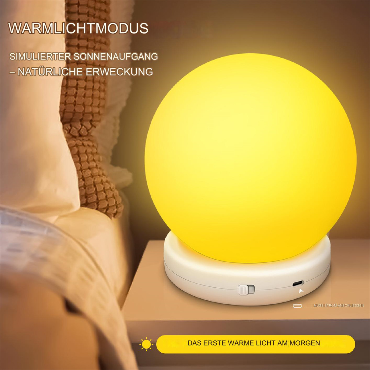 Gelbe globusförmige Lampe auf weißer Basis, Sonnenaufgang simulierend, Text auf Deutsch.