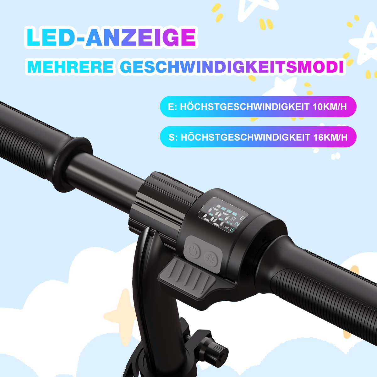 Czarna kierownica hulajnogi elektrycznej z wyświetlaczem LED pokazującym prędkość i tryby.