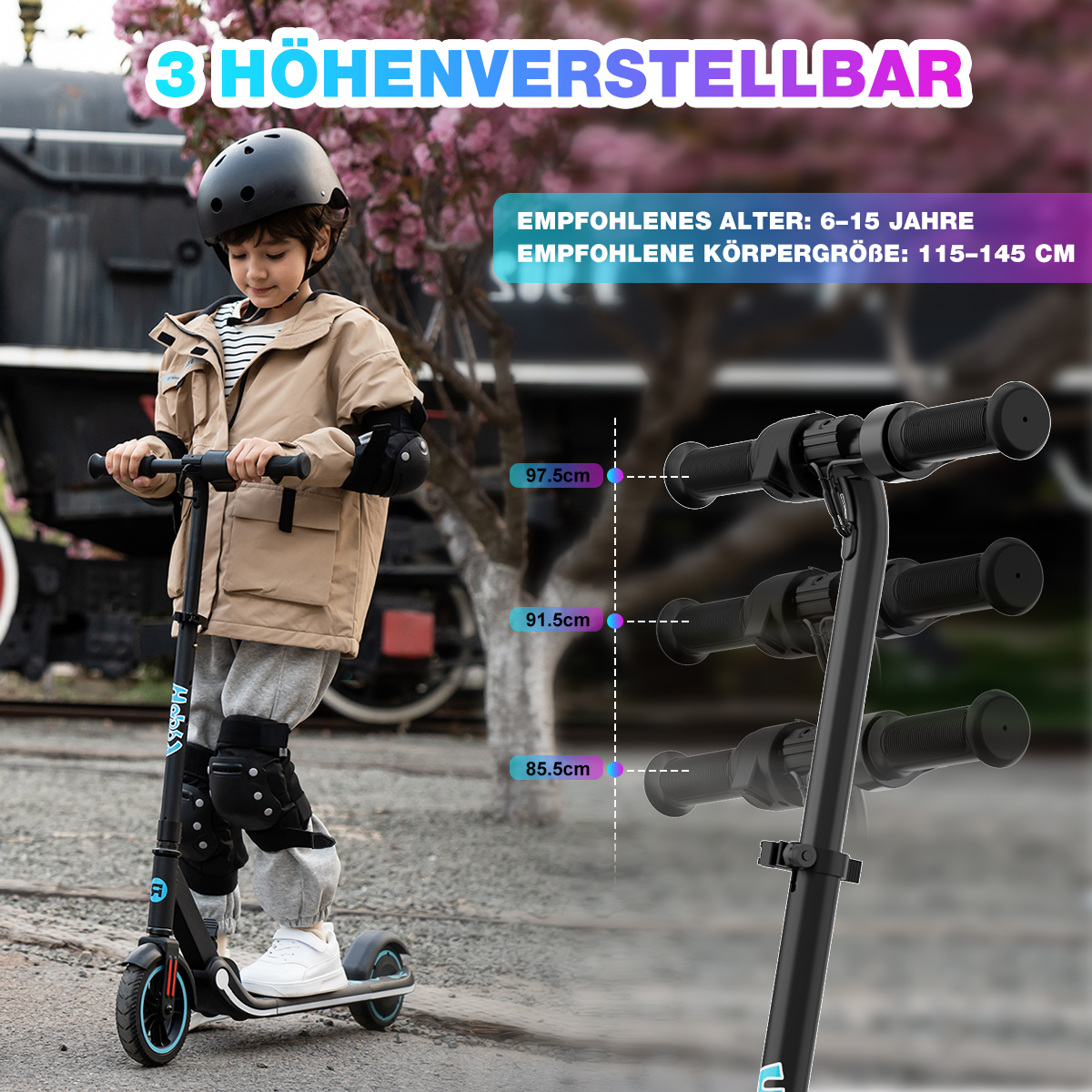 Dziecko w kasku i ochraniaczach jedzie na czarnej hulajnodze. Tekst wskazuje regulowaną wysokość i zalecenia dotyczące wieku/rozmiaru.