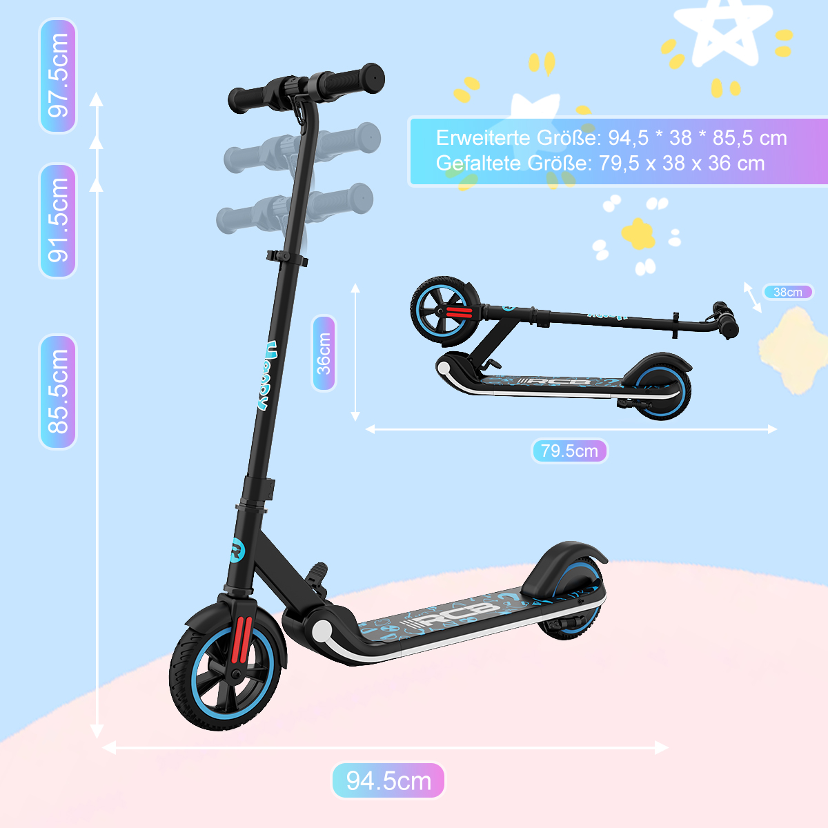 Czarny skuter z wymiarami i pomiarami na diagramie na niebieskim tle.