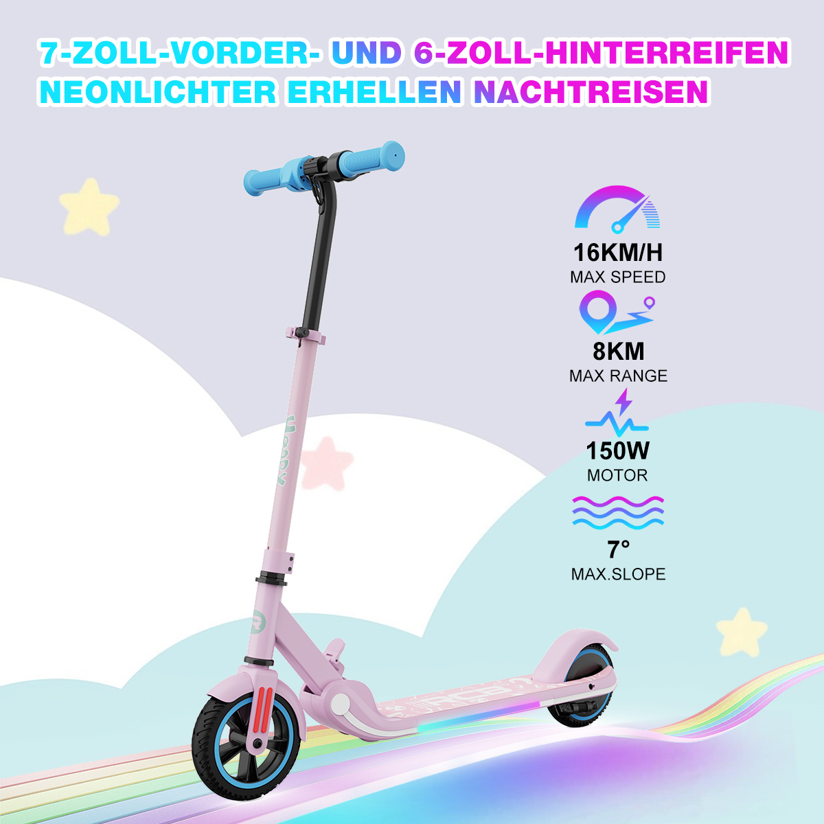 Różowa hulajnoga z niebieską kierownicą. Ma tekst i wykresy ze statystykami.