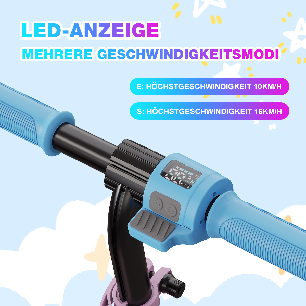 Zbliżenie niebieskiej kierownicy skutera z wyświetlaczem LED pokazującym prędkość. Tekst wskazuje opcje prędkości: 10 i 16 km/h.
