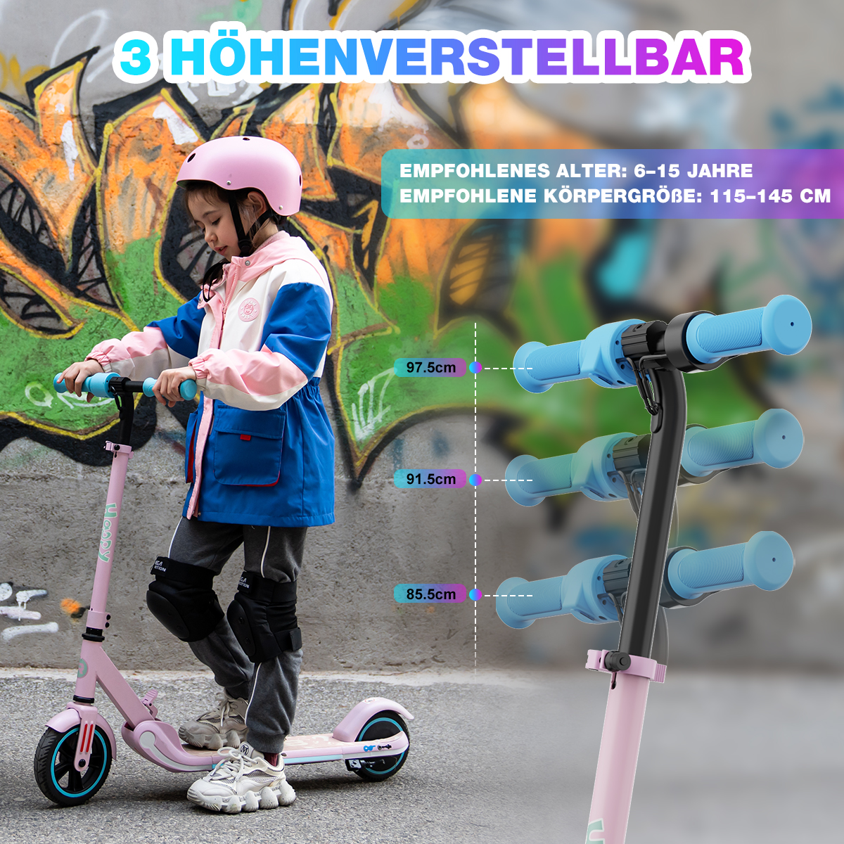 Dziecko na różowej hulajnodze z regulacją wysokości i tekstem.