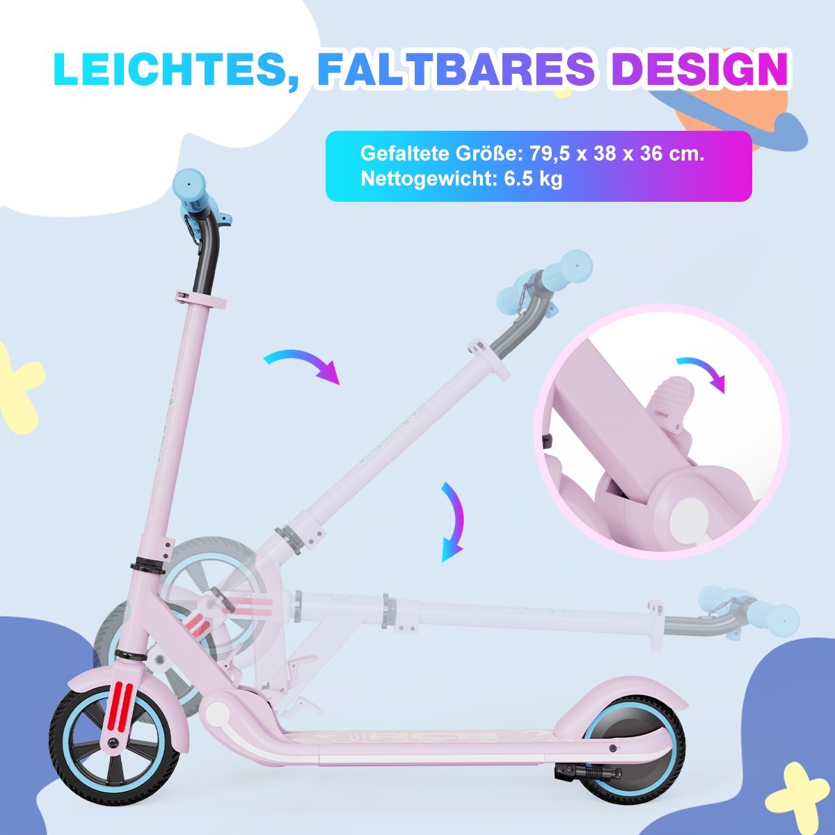 Różowa składana hulajnoga z tekstem opisującym wymiary i wagę. Rozmyte tło.