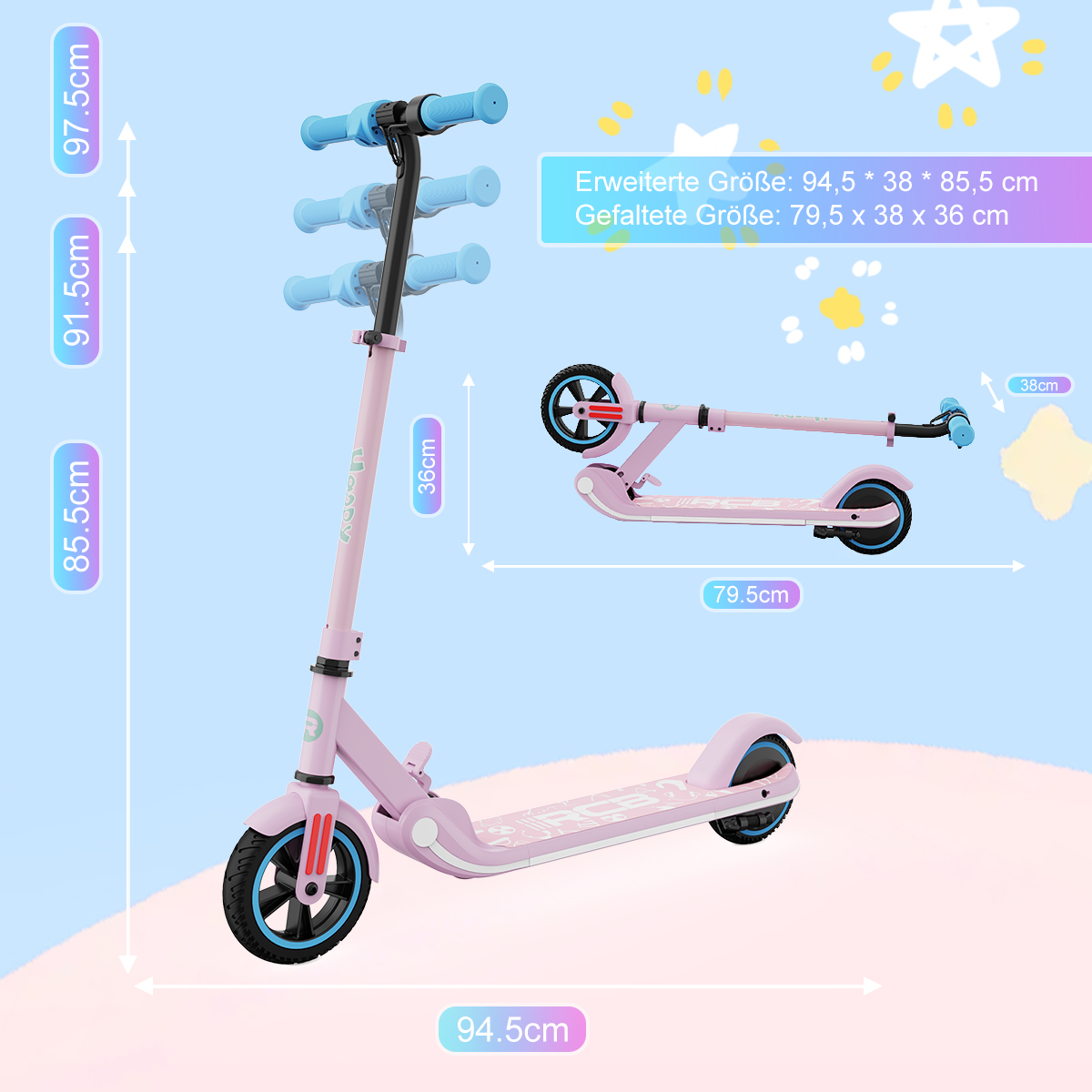 Różowa hulajnoga z niebieskimi akcentami, pokazane wymiary, białe tło.