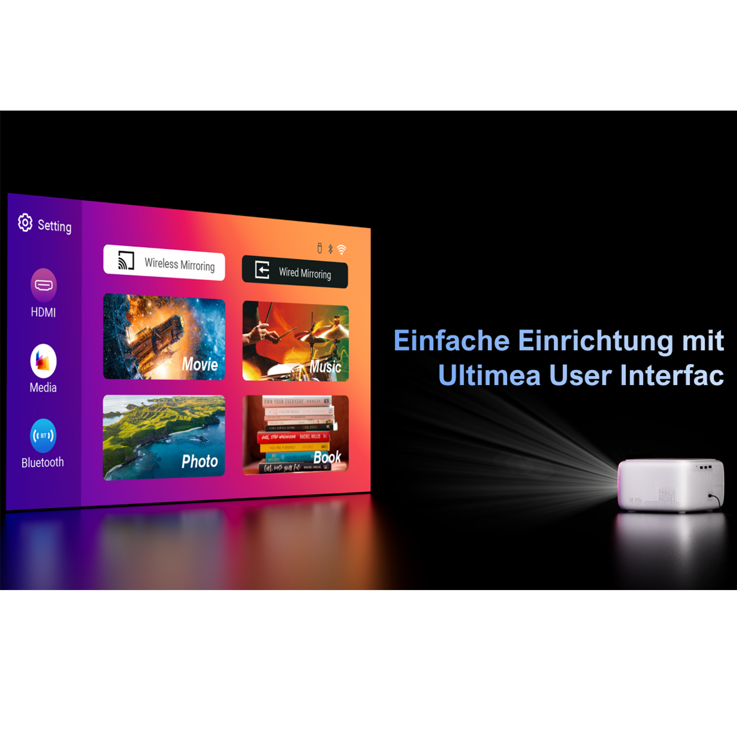 Ein Projektor zeigt eine farbenfrohe Oberfläche mit Film-, Musik- und Fotooptionen.