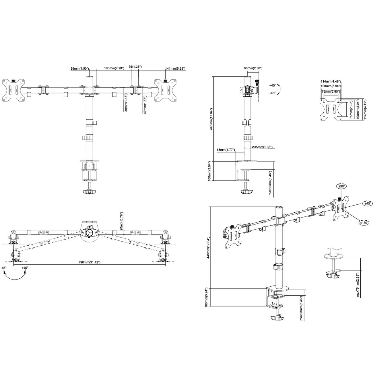 Diagrammi di un supporto per monitor duale con dimensioni e misure.