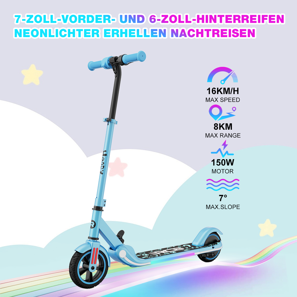 Niebieska hulajnoga elektryczna z neonowymi światłami, wskaźnikami prędkości i zasięgu.