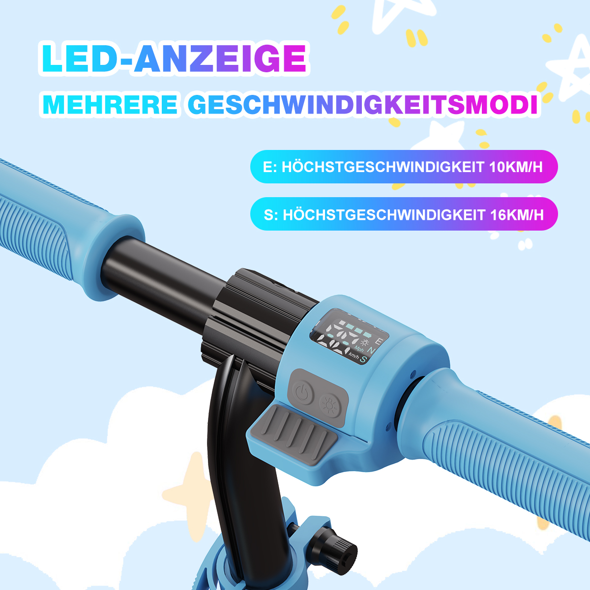 Zbliżenie niebieskiej kierownicy skutera elektrycznego z wyświetlaczem LED i przyciskami.